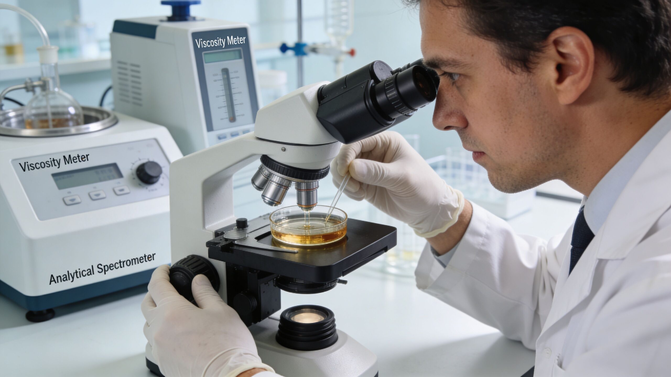 A scientist in a lab coat examining a sample of golden distillate liquid under a compound microscope.