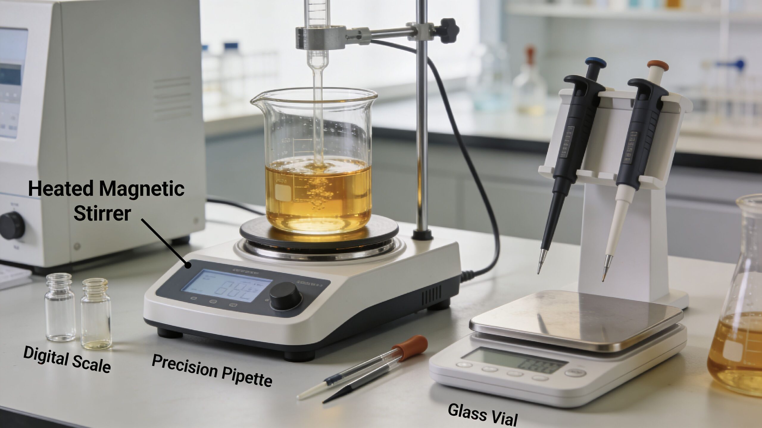 A laboratory setup featuring a magnetic stirrer, precision pipettes, digital scales, and a beaker with yellow liquid.