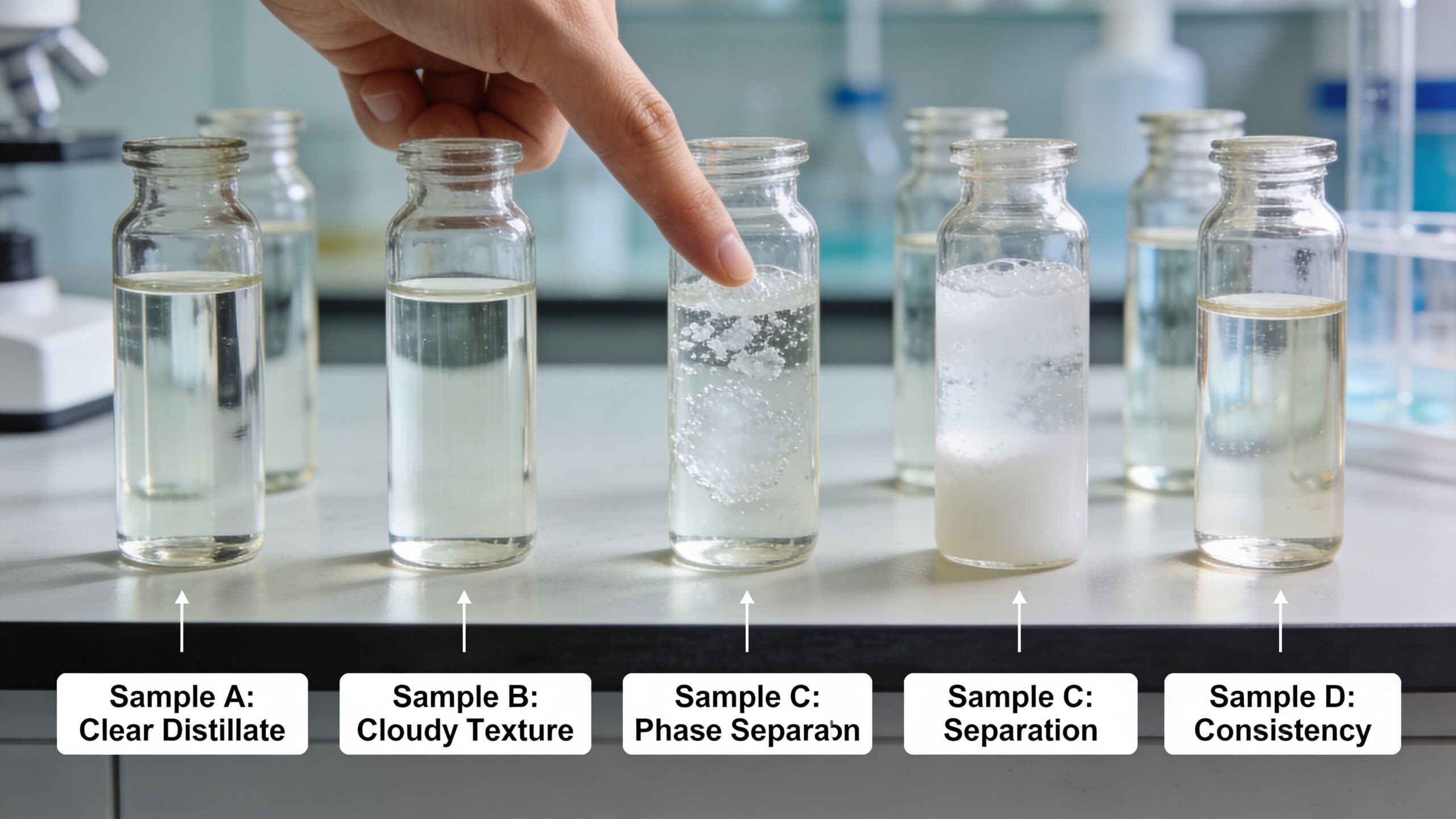 A hand pointing to a laboratory vial showing phase separation in a scientific test setup.