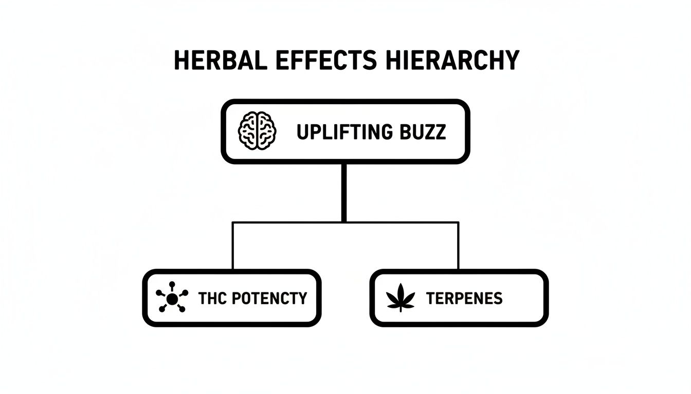 Hierarchy diagram illustrating Uplifting Buzz is influenced by THC Potency and Terpenes in herbal effects.
