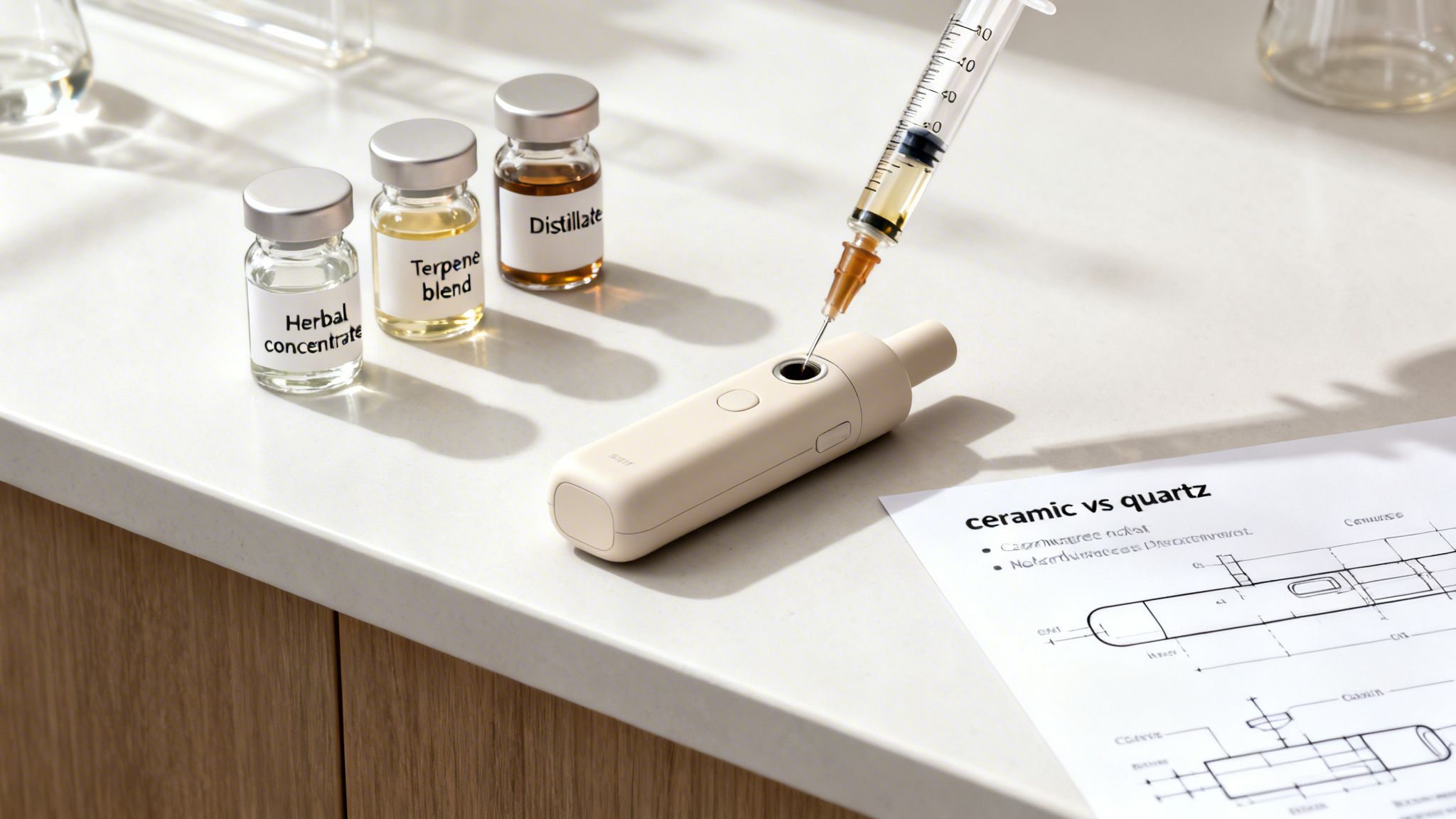 A syringe fills a beige vaporizer, surrounded by vials of herbal concentrate, terpene blend, and distillate.