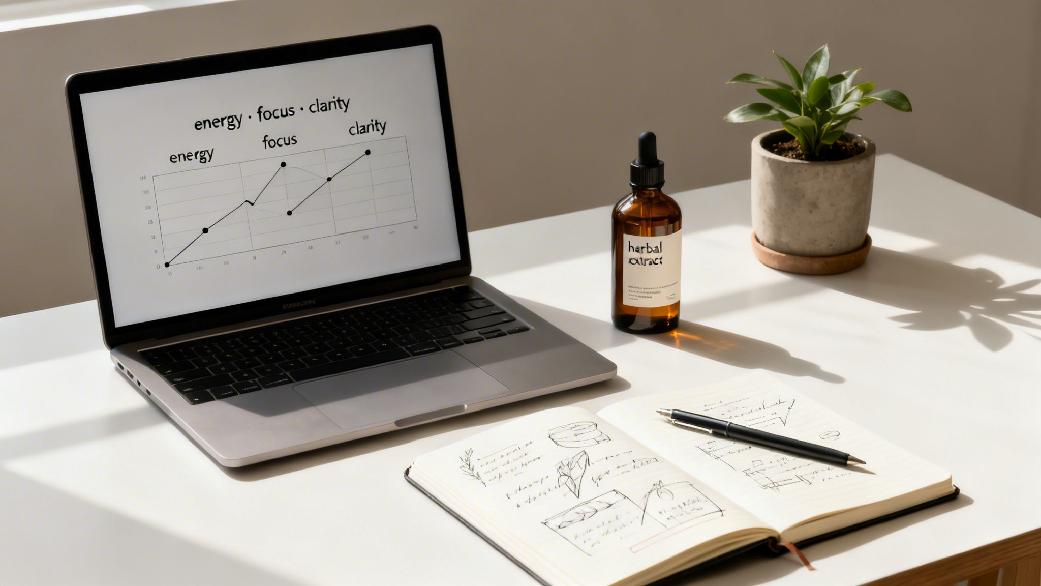 A clean workspace featuring a laptop with a graph, a herbal extract bottle, a plant, and a notebook.