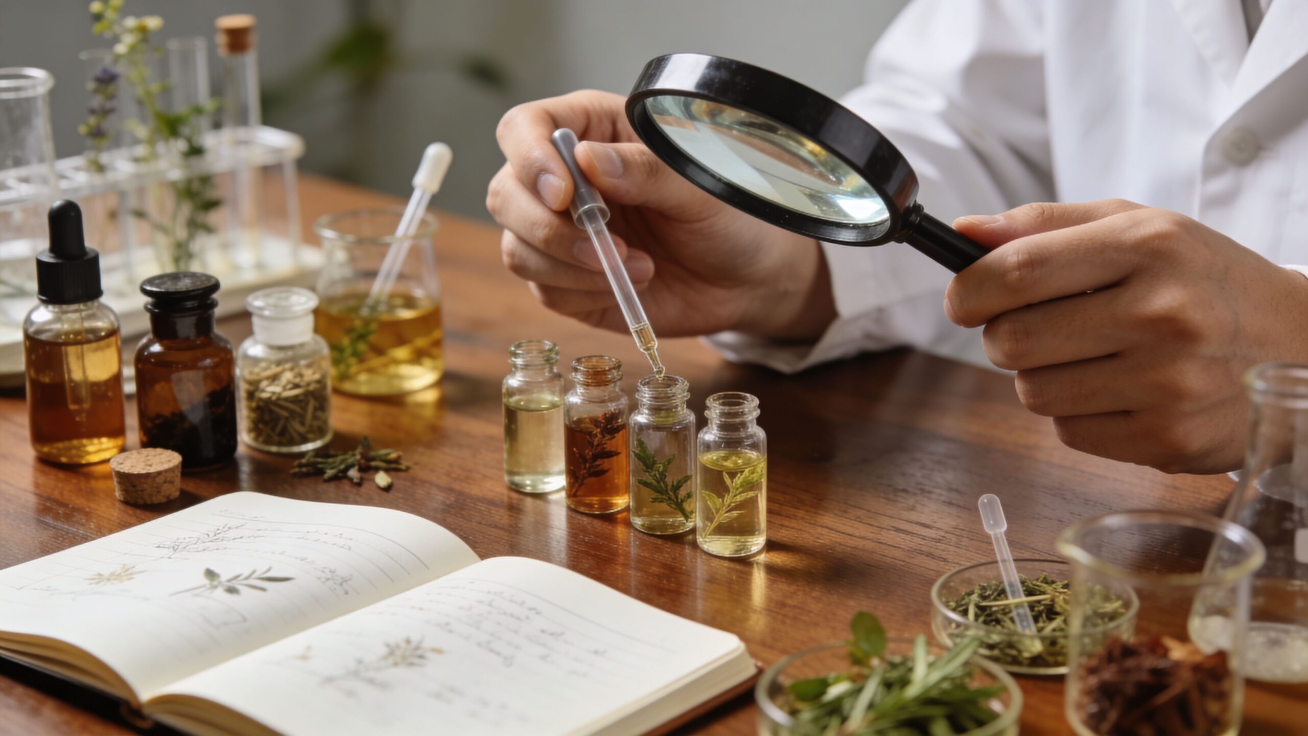 A scientist uses a magnifying glass and dropper to examine herbal extracts in a laboratory setting.