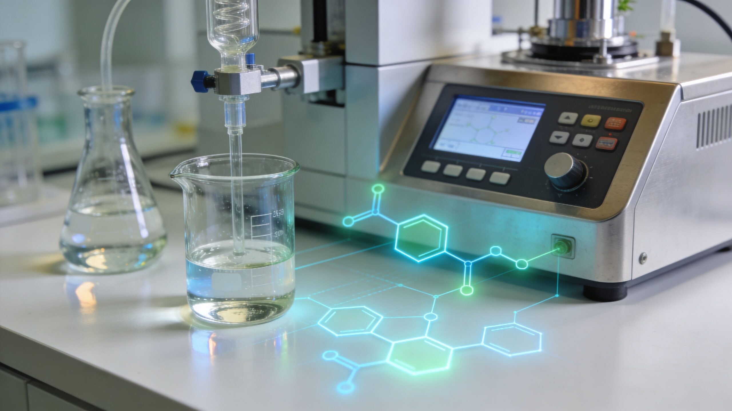 A laboratory setting featuring chemical glassware and digital equipment with a glowing molecular structure overlay for research.