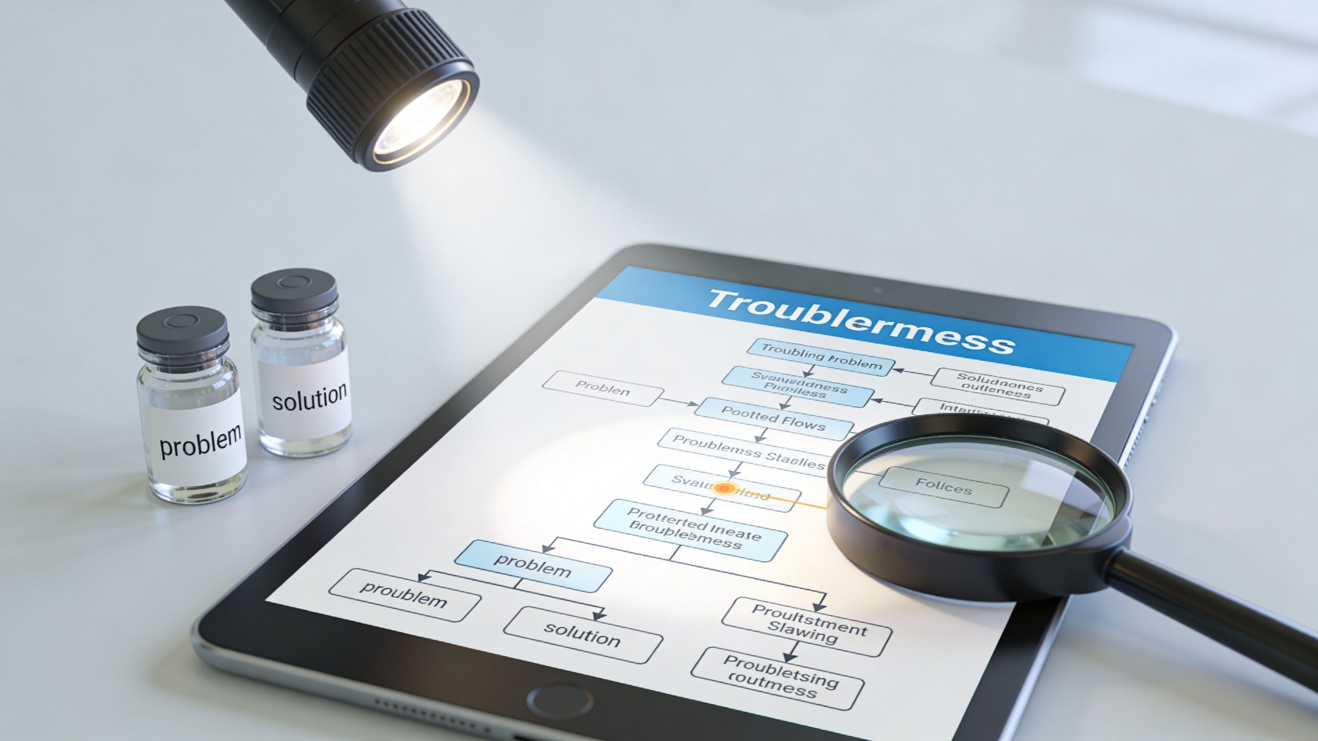 A digital tablet displaying a troubleshooting flowchart under a flashlight next to problem and solution vials.
