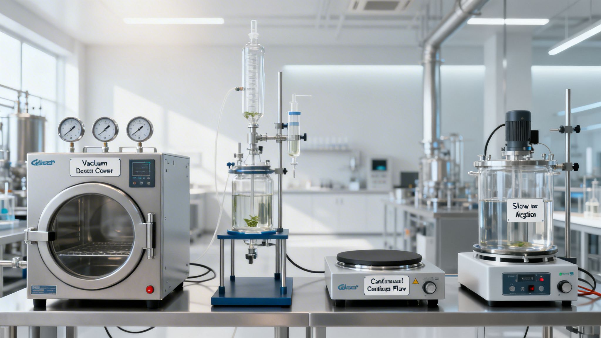 A laboratory table equipped with a vacuum decarboxylation chamber, glass reactors, and magnetic stirrers for scientific experiments.