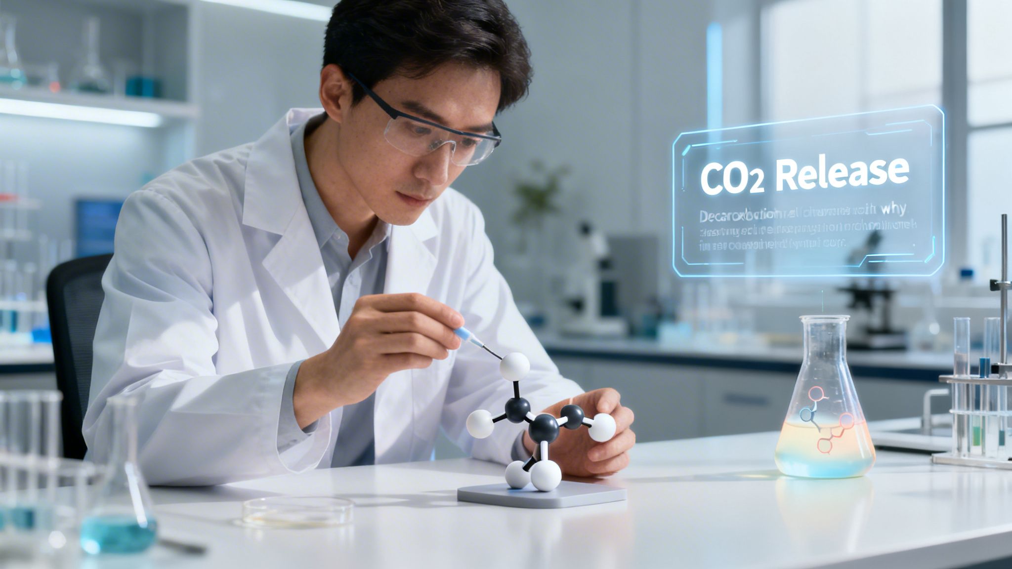 A focused scientist examining a molecular model in a lab, with a holographic CO2 release display interface.