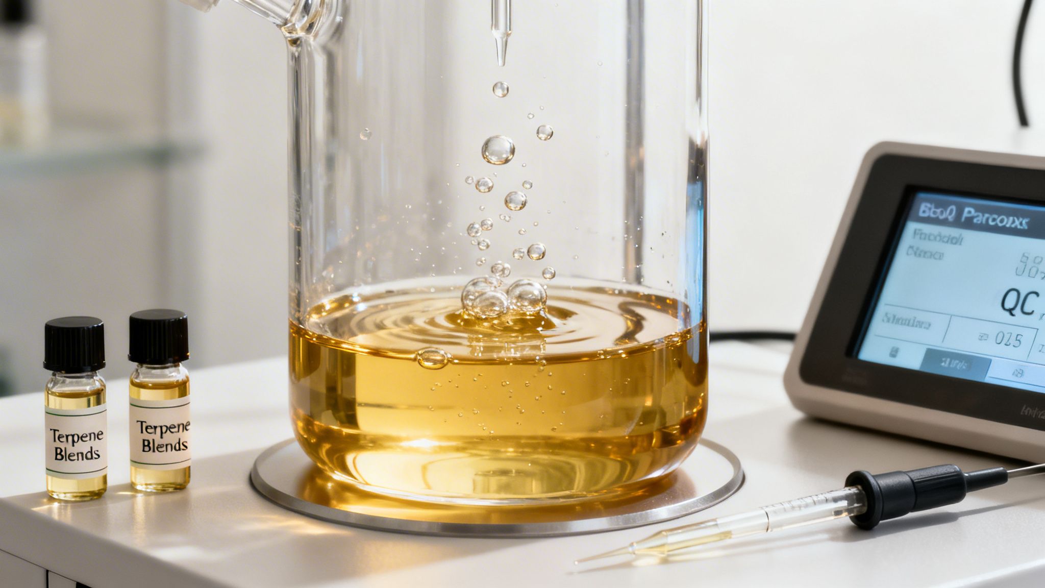 A laboratory glass vessel filled with a golden amber oil blend during a professional terpene extraction process.