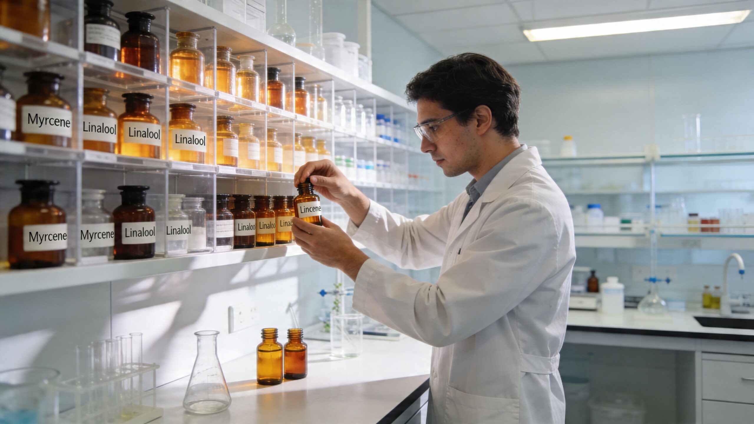 A professional chemist in a white lab coat examining a bottle labeled Lincene in a laboratory setting.