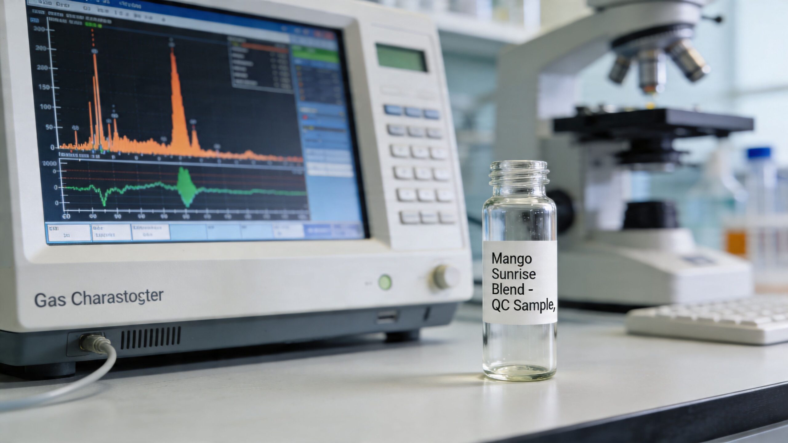A glass sample vial labeled Mango Sunrise Blend sits next to laboratory gas chromatography equipment.