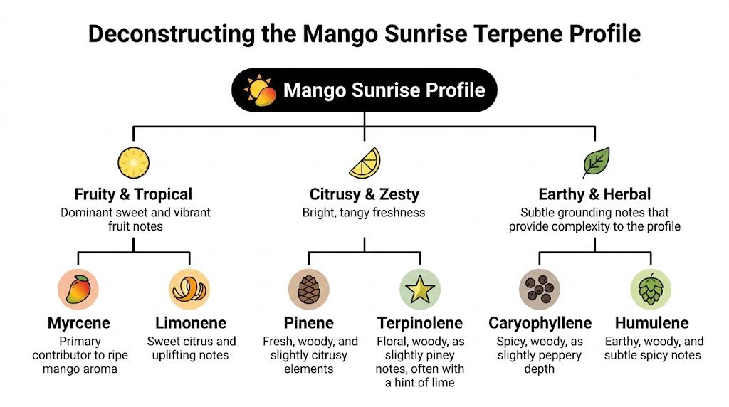A diagram breaking down the Mango Sunrise terpene profile into fruity, citrusy, and earthy categories.