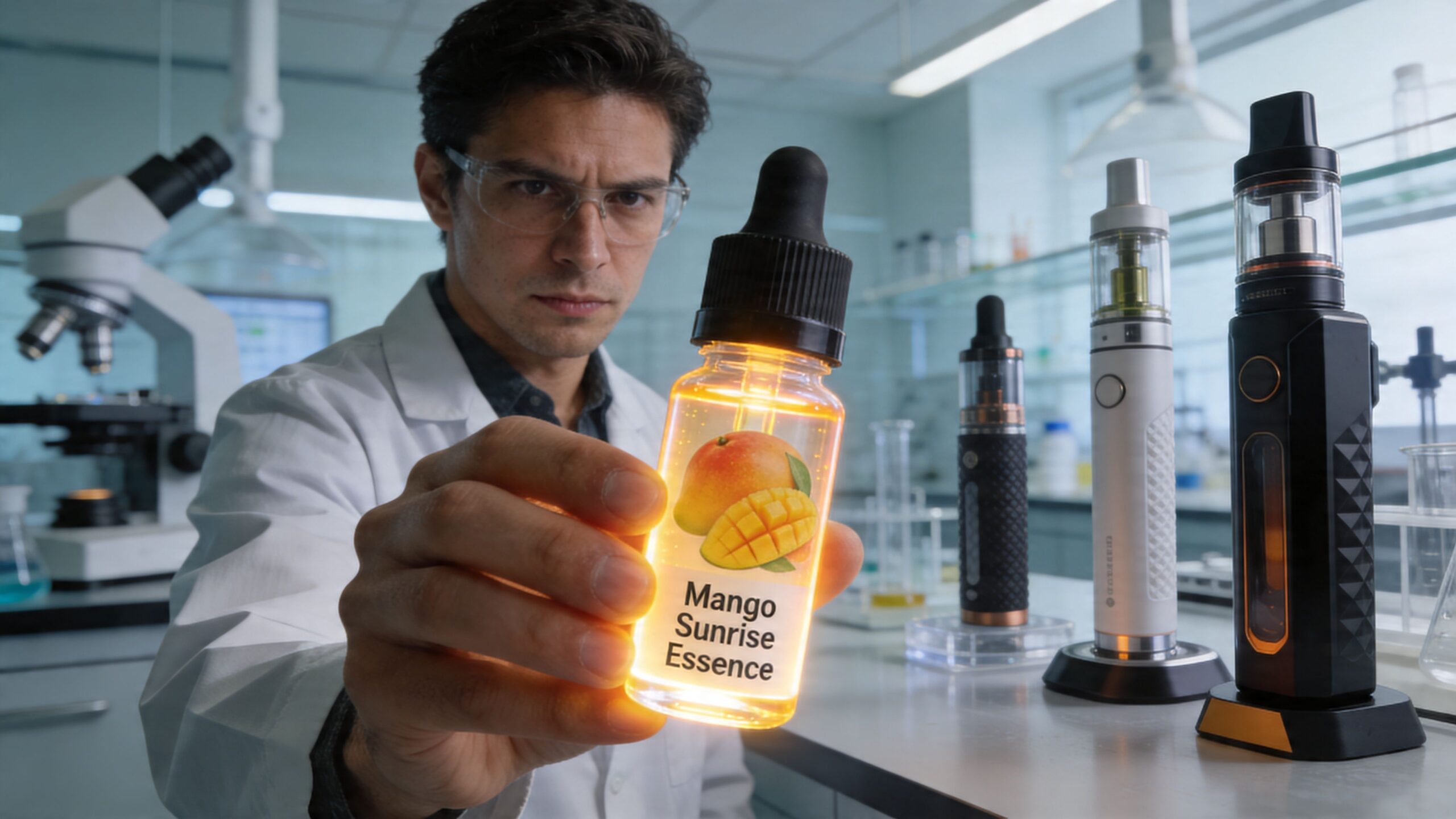 A scientist in a laboratory holding a glowing bottle of Mango Sunrise Essence e-liquid near vaping devices.