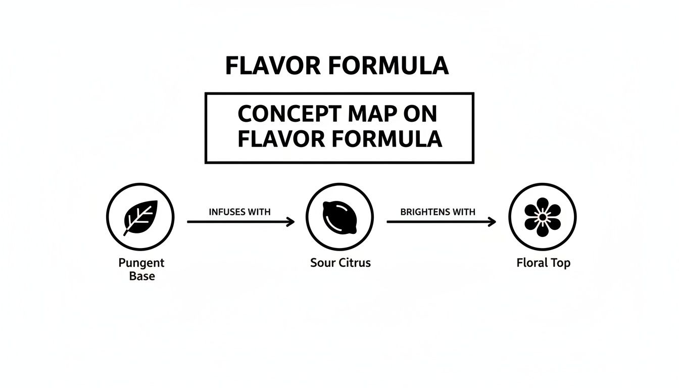 A concept map illustrating a flavor formula: Pungent Base infuses with Sour Citrus, brightening with Floral Top.