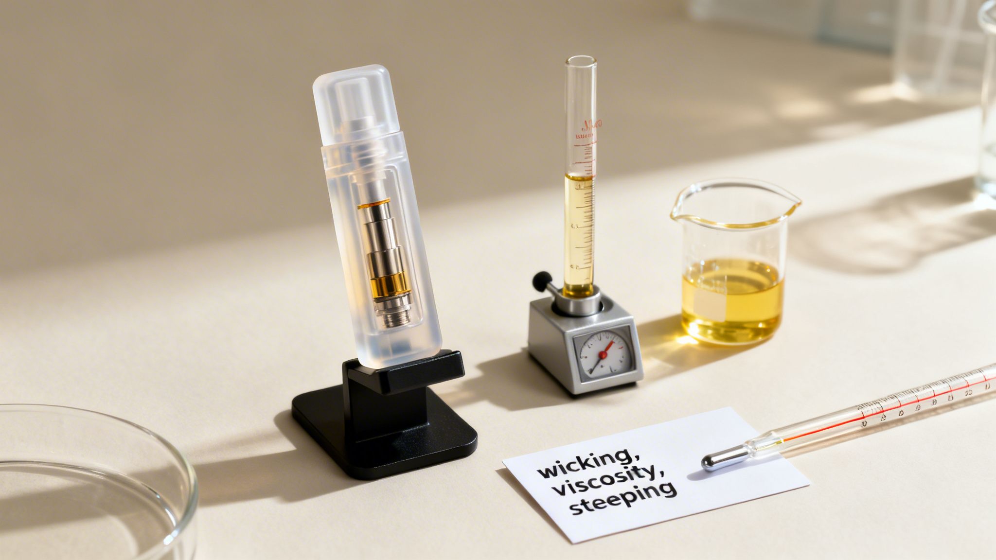 Laboratory setup for testing liquid viscosity and properties, featuring a vape cartridge, test tube, and thermometer.