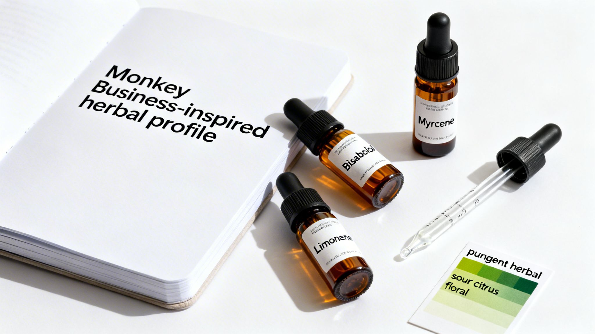 A notebook titled 'Monkey Business-inspired herbal profile' with Myrcene, Bisabolol, and Limonene bottles, and a flavor card.