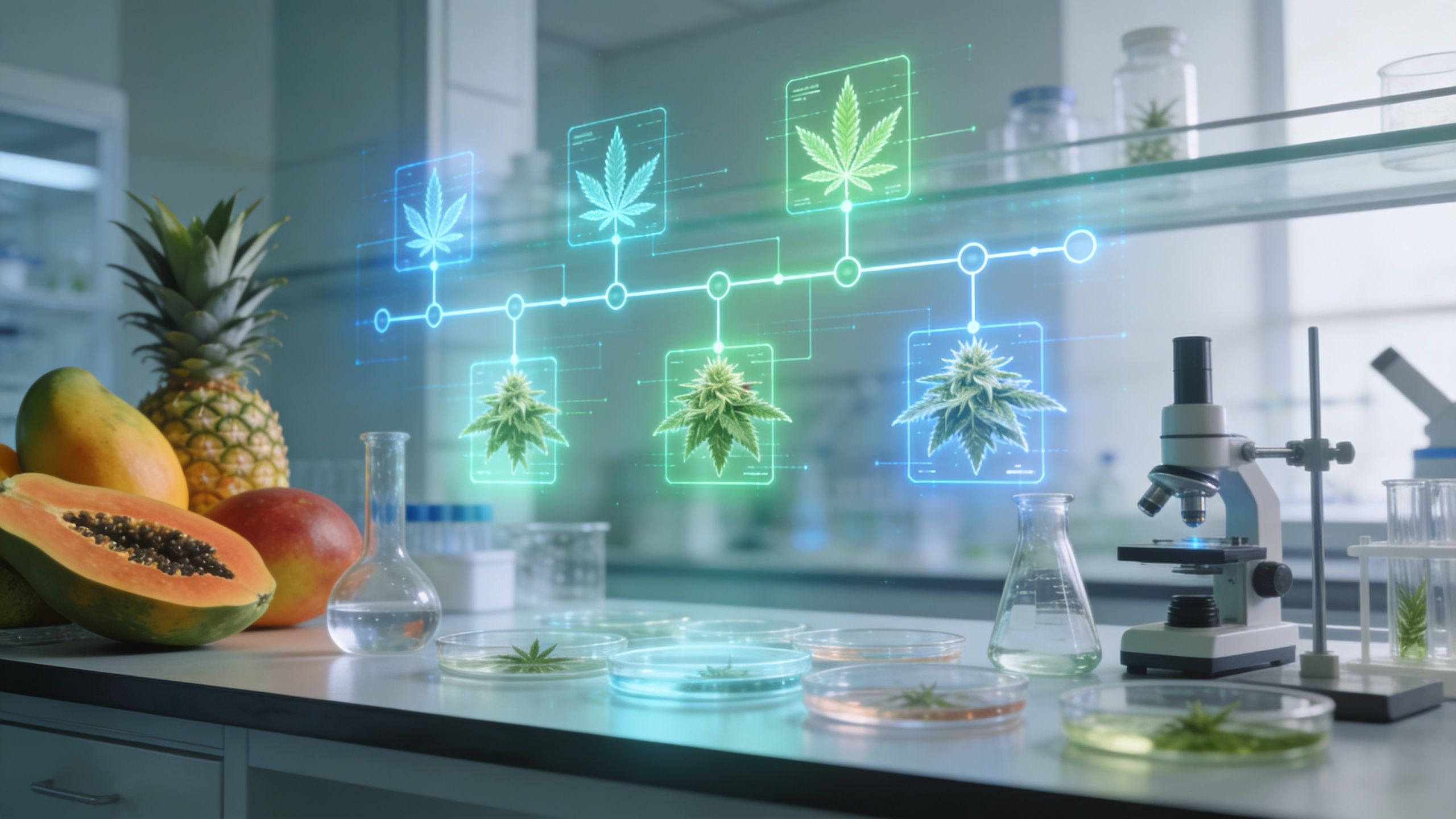 A laboratory setting with papaya and pineapple alongside holographic displays of cannabis plant growth stages.