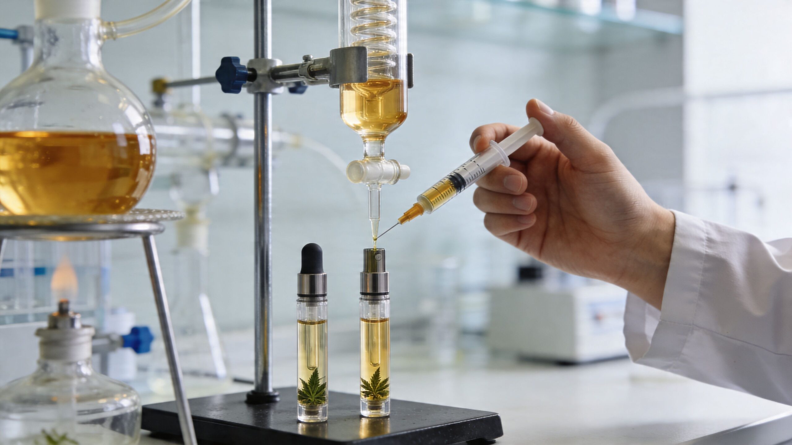 A scientist fills small glass vials containing cannabis leaves with extract using a medical syringe in a lab.