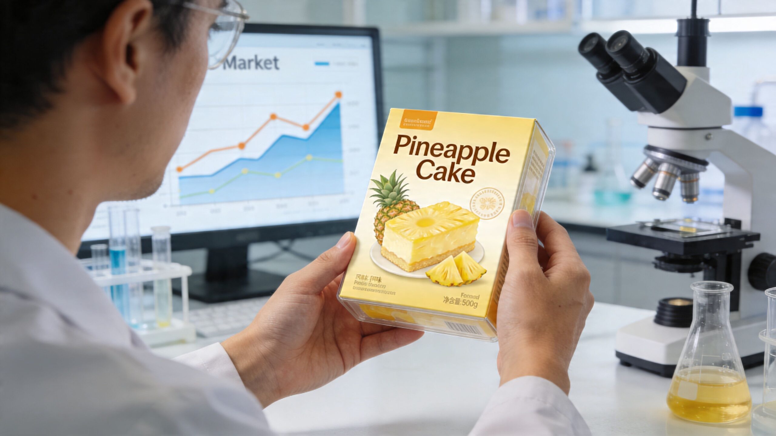 A scientist in a laboratory holding a box of Pineapple Cake while reviewing market data on a screen.