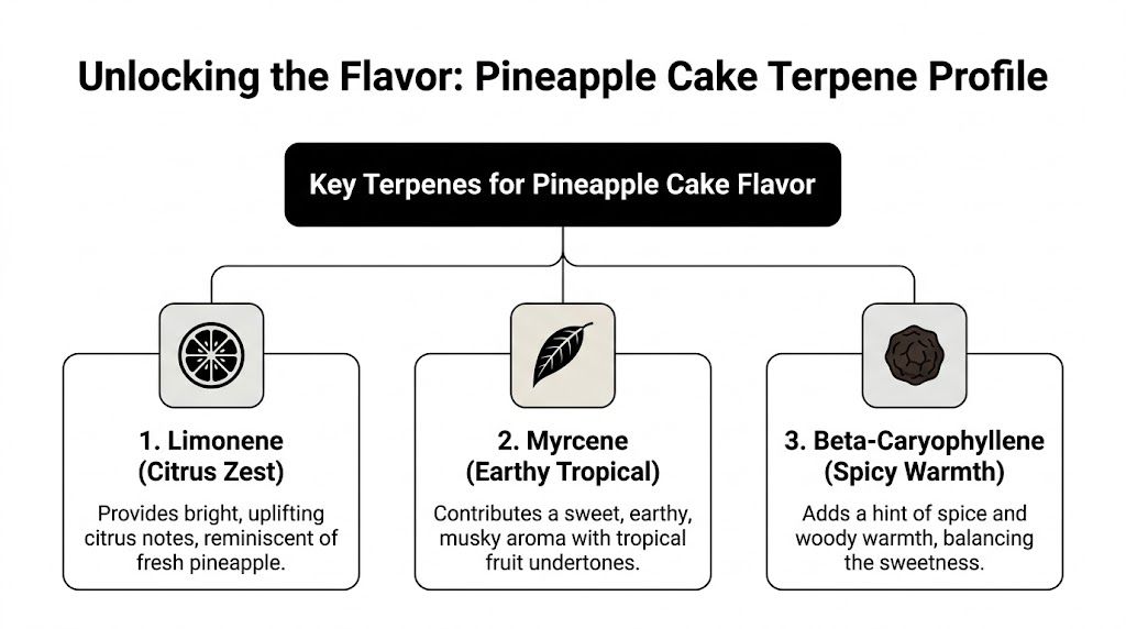 A diagram infographic explaining the key terpenes Limonene, Myrcene, and Beta-Caryophyllene for the Pineapple Cake strain flavor profile.
