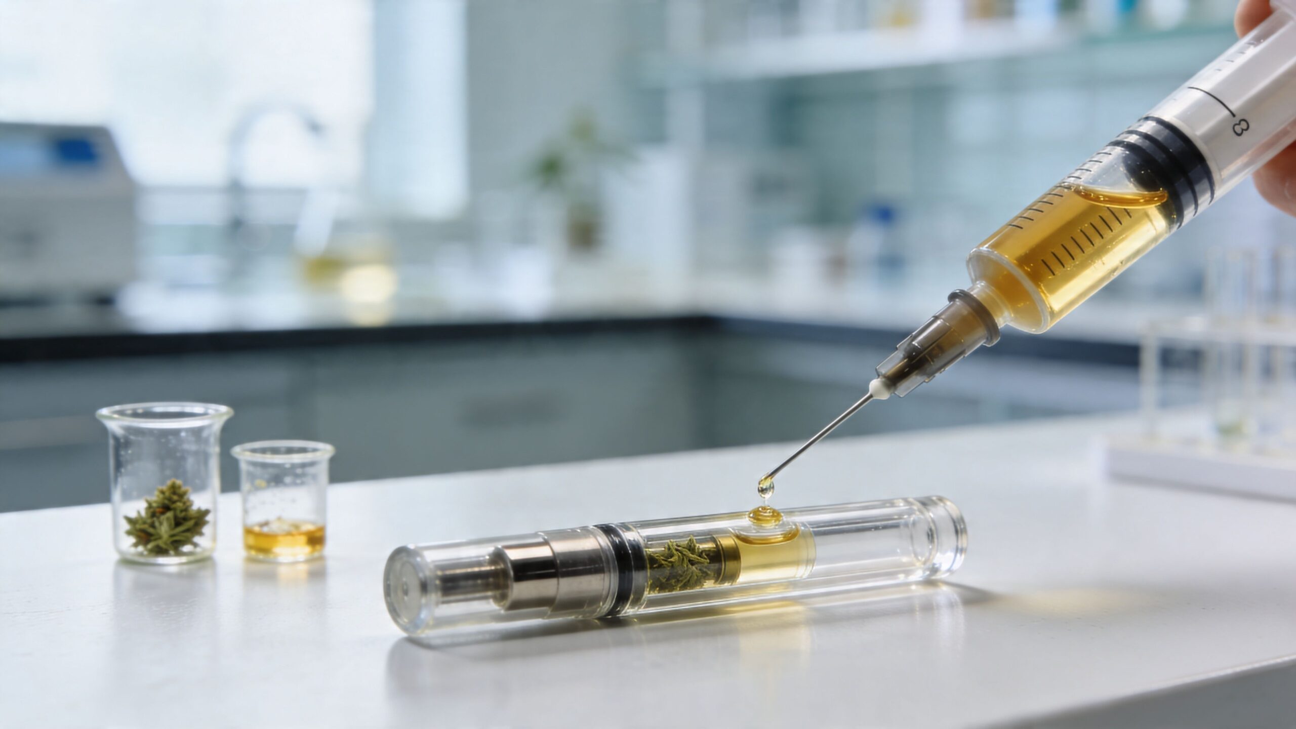 A scientist filling a glass cannabis vaporizer cartridge with yellow oil using a syringe in a laboratory.