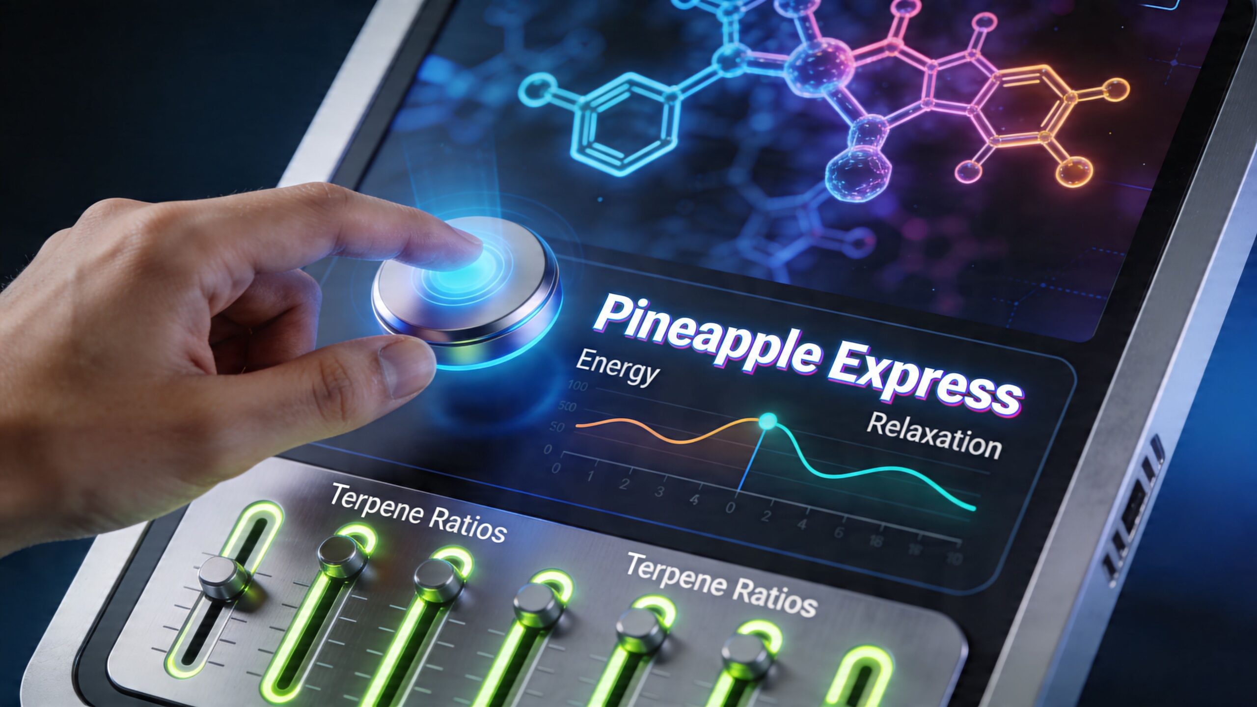 A hand adjusts a digital interface controlling terpene ratios for a Pineapple Express cannabis product.