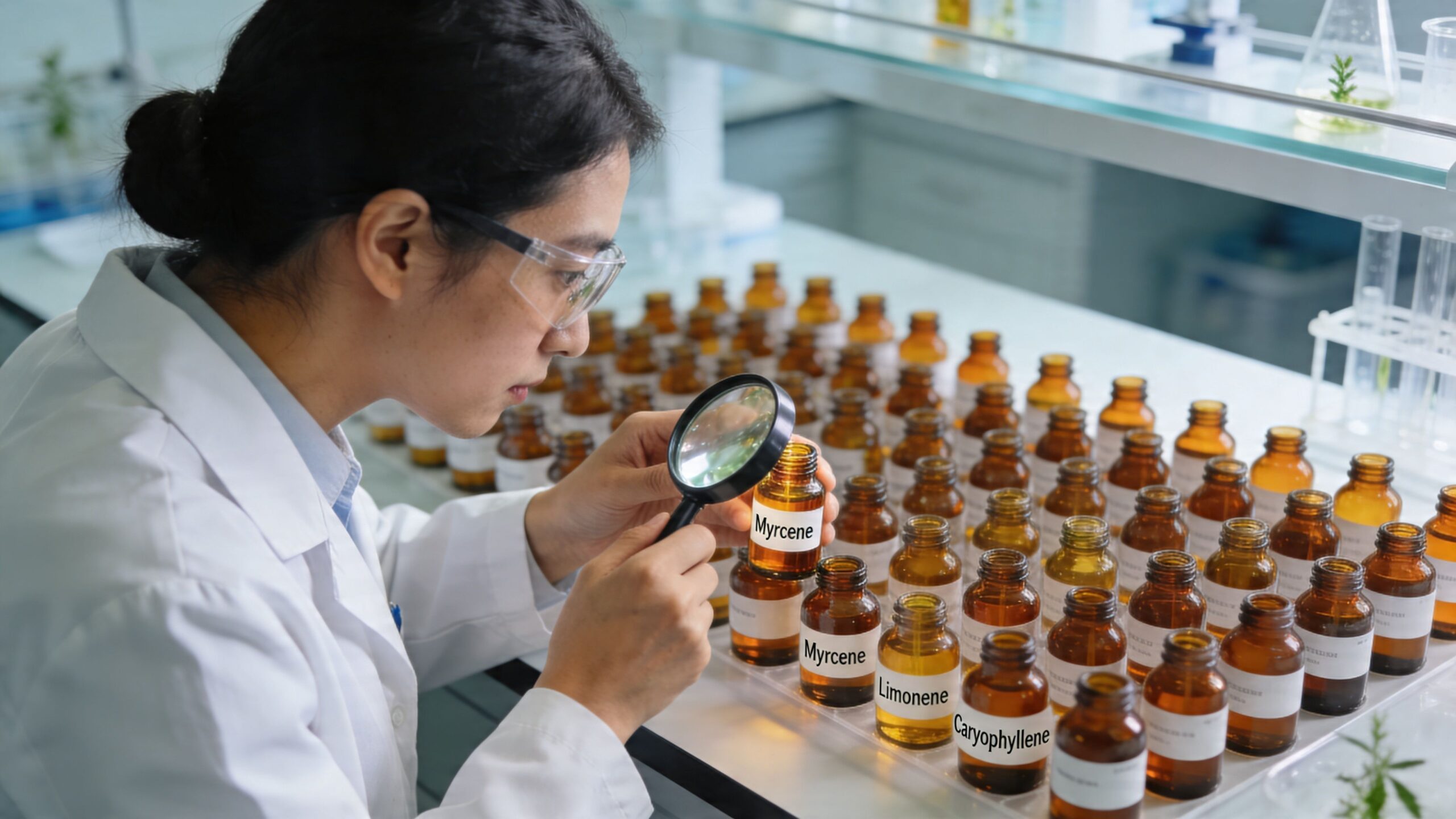 A scientist wearing protective eyewear examines amber glass bottles of terpenes labeled Myrcene, Limonene, and Caryophyllene in a laboratory.