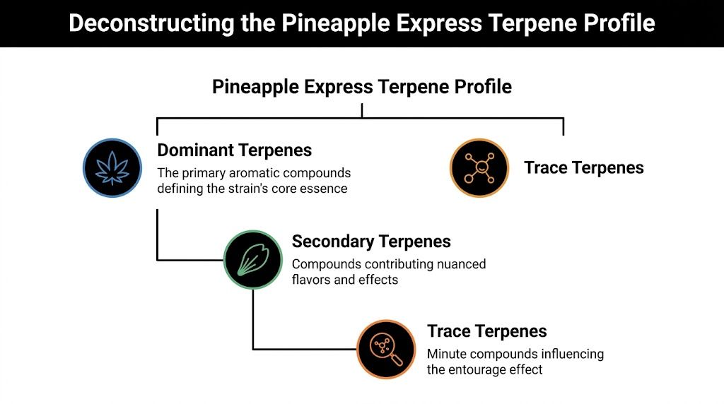 A diagram illustrating the deconstruction of the Pineapple Express terpene profile, categorizing dominant, secondary, and trace compounds.