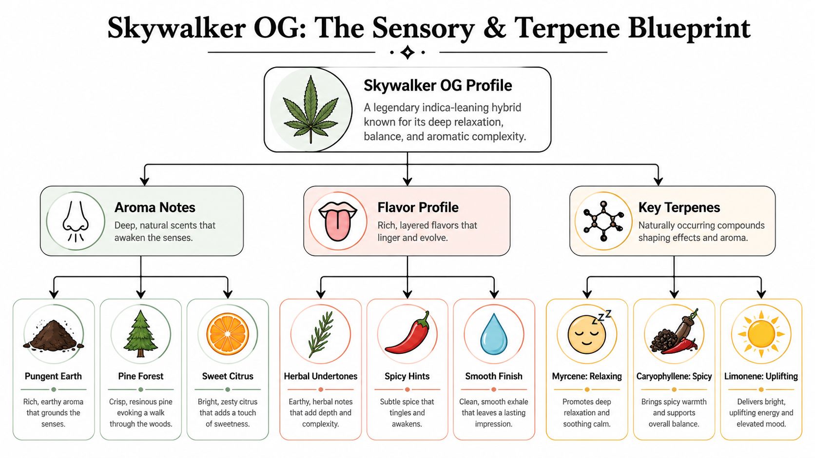 A detailed infographic titled Skywalker OG showing aroma notes, flavor profiles, and key terpene effects.