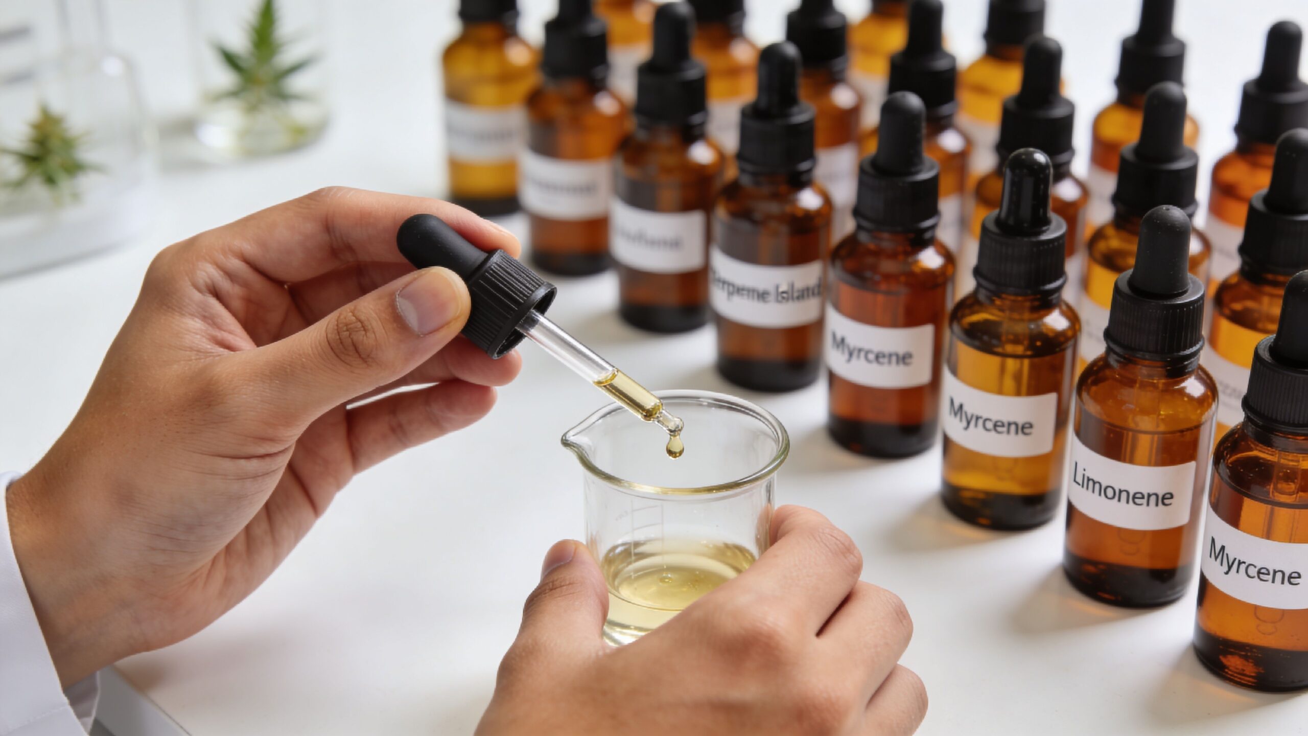 A scientist's hands using a pipette to add essential oil to a beaker in a laboratory setting.