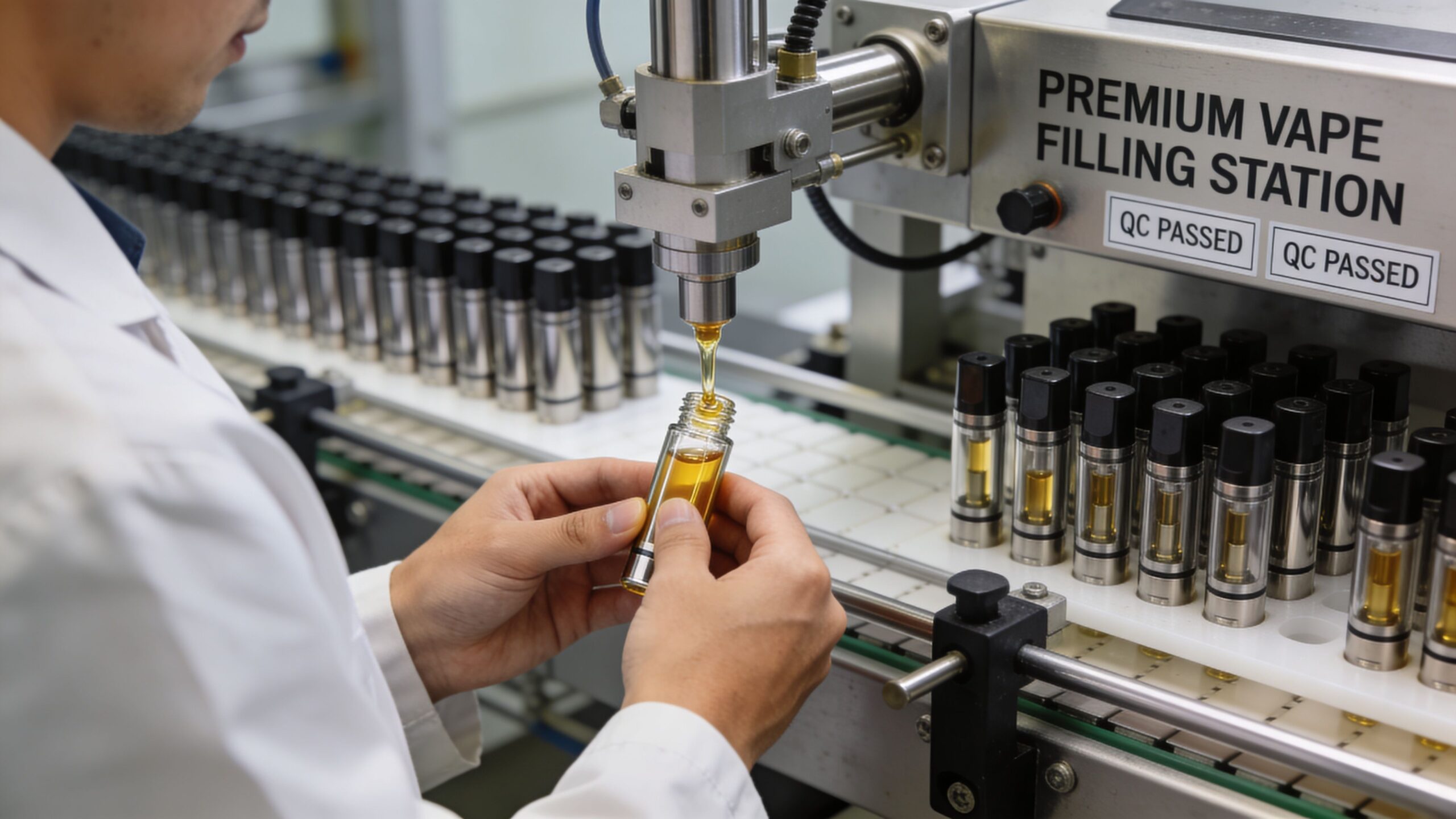 A lab technician carefully filling a vape cartridge with oil at an automated manufacturing facility.