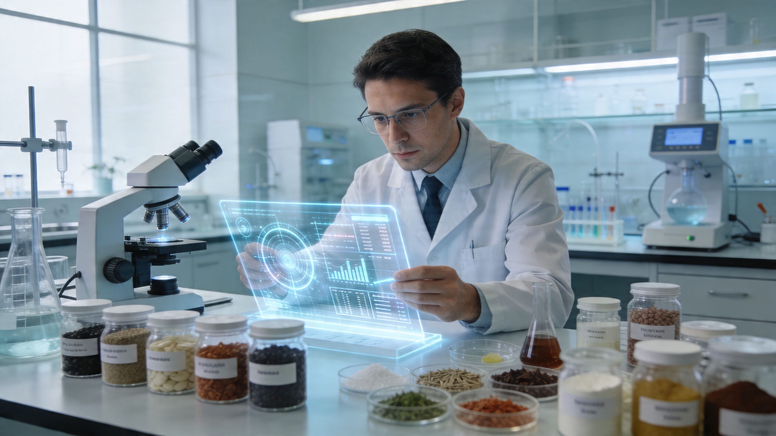 A scientist in a lab coat examining data on a holographic display with various ingredient jars.