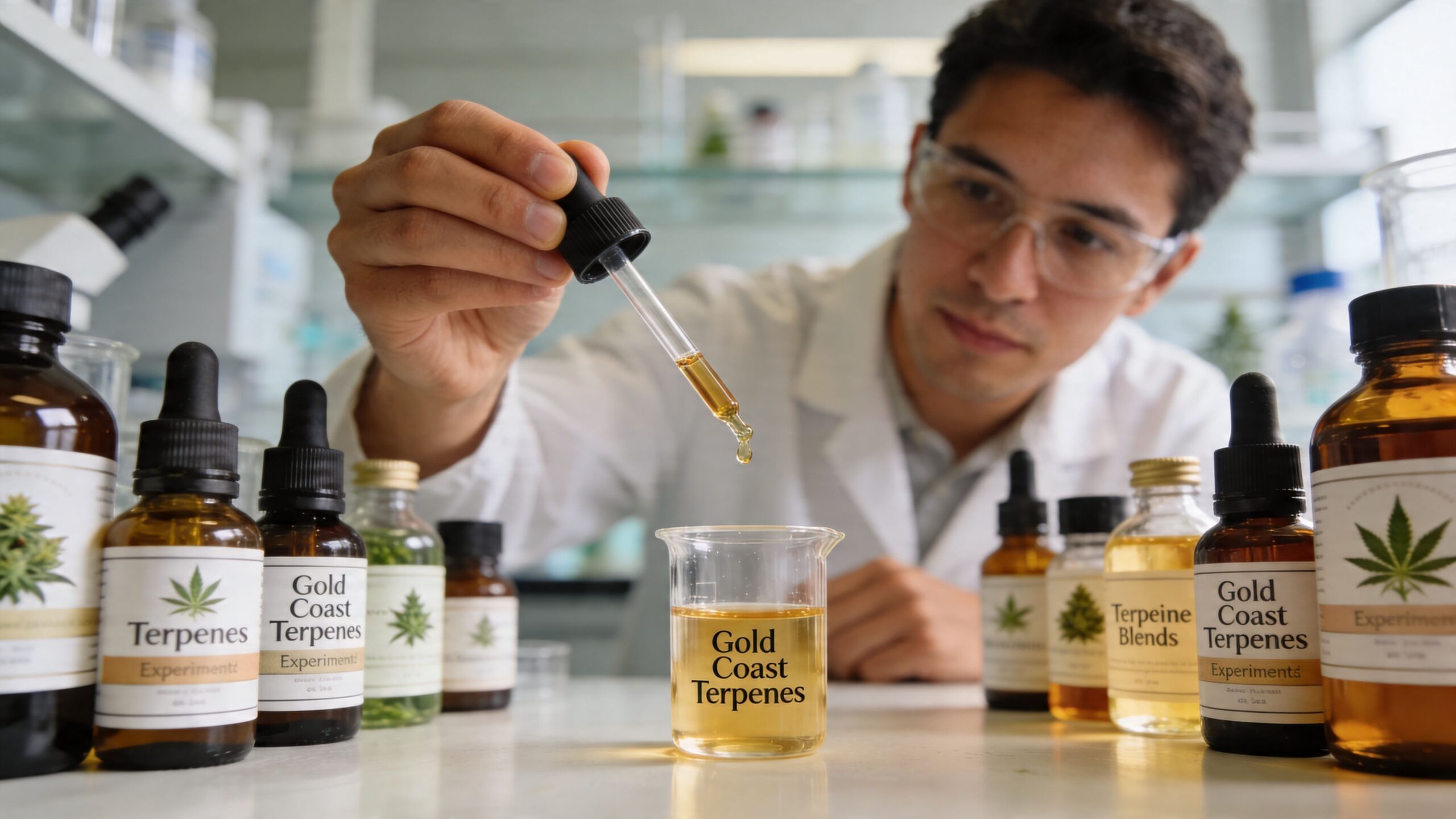 A scientist in a lab carefully drops amber liquid into a beaker labeled Gold Coast Terpenes.