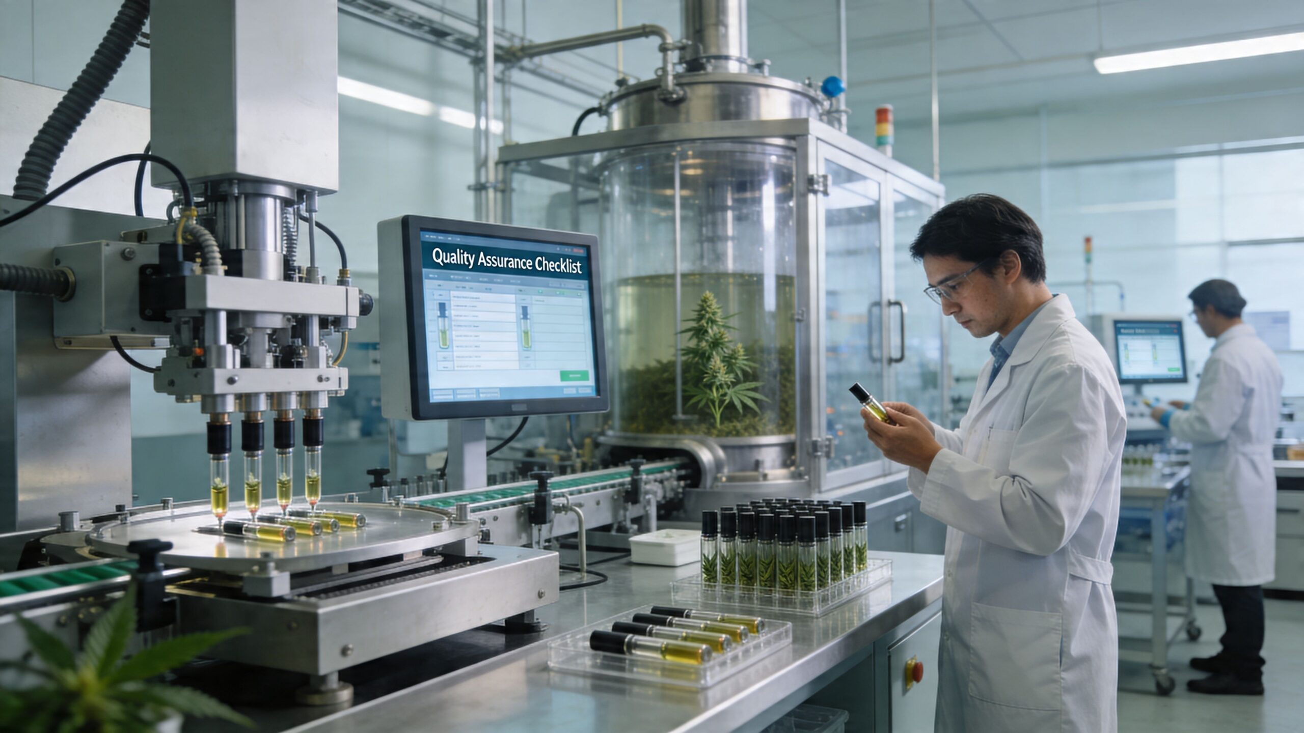 A scientist inspecting high-quality cannabis oil vials in a modern, sterile laboratory production facility.