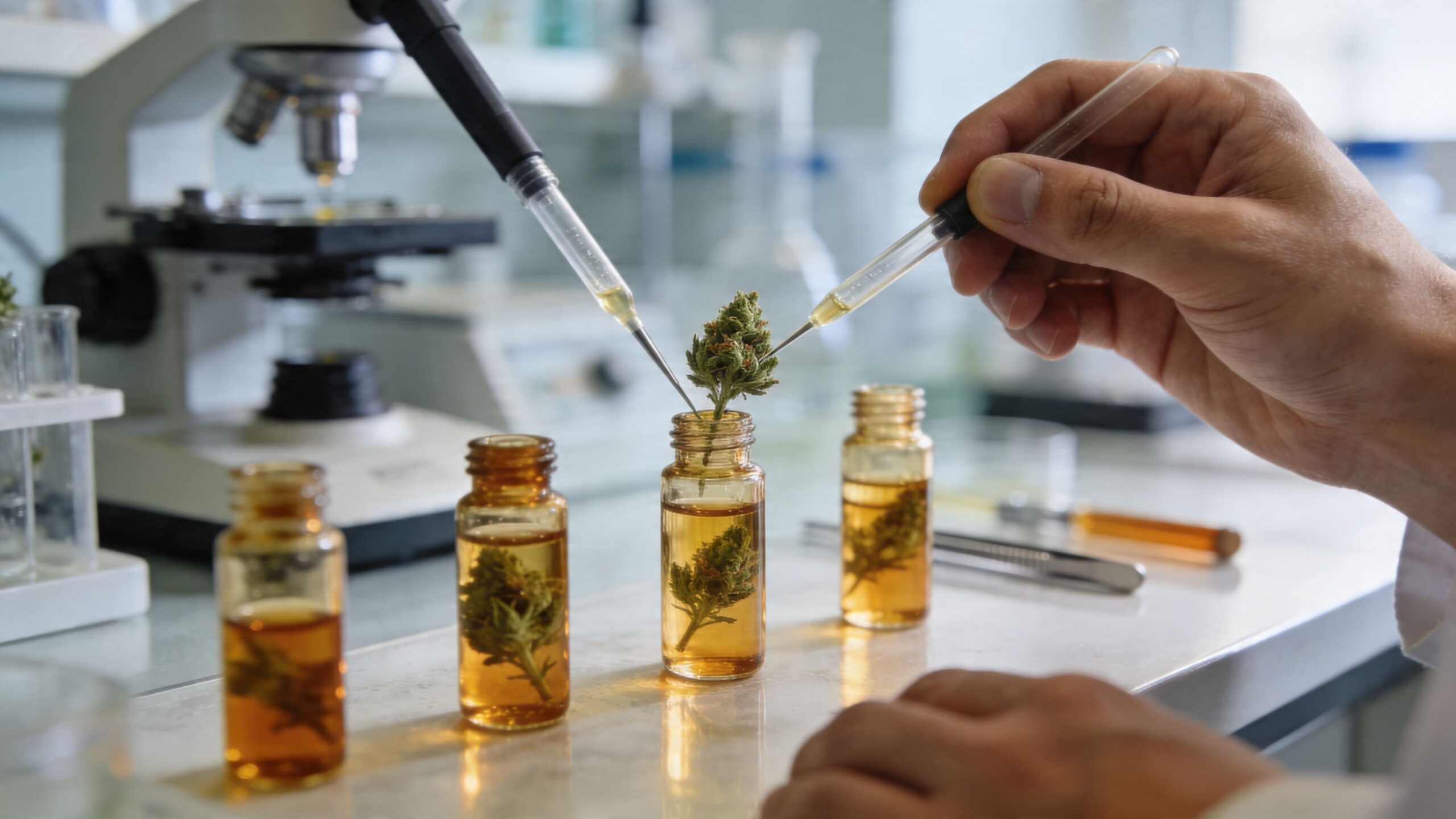 A scientist uses pipettes to study cannabis buds in glass vials inside a professional laboratory setting.