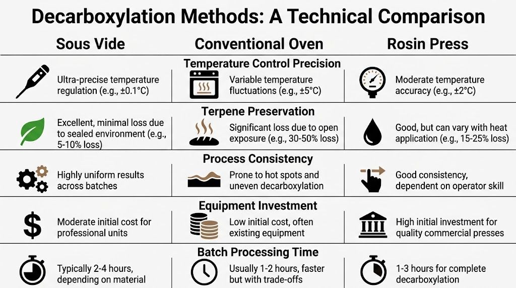 A comparison chart showing the technical differences between sous vide, conventional oven, and rosin press decarboxylation methods.