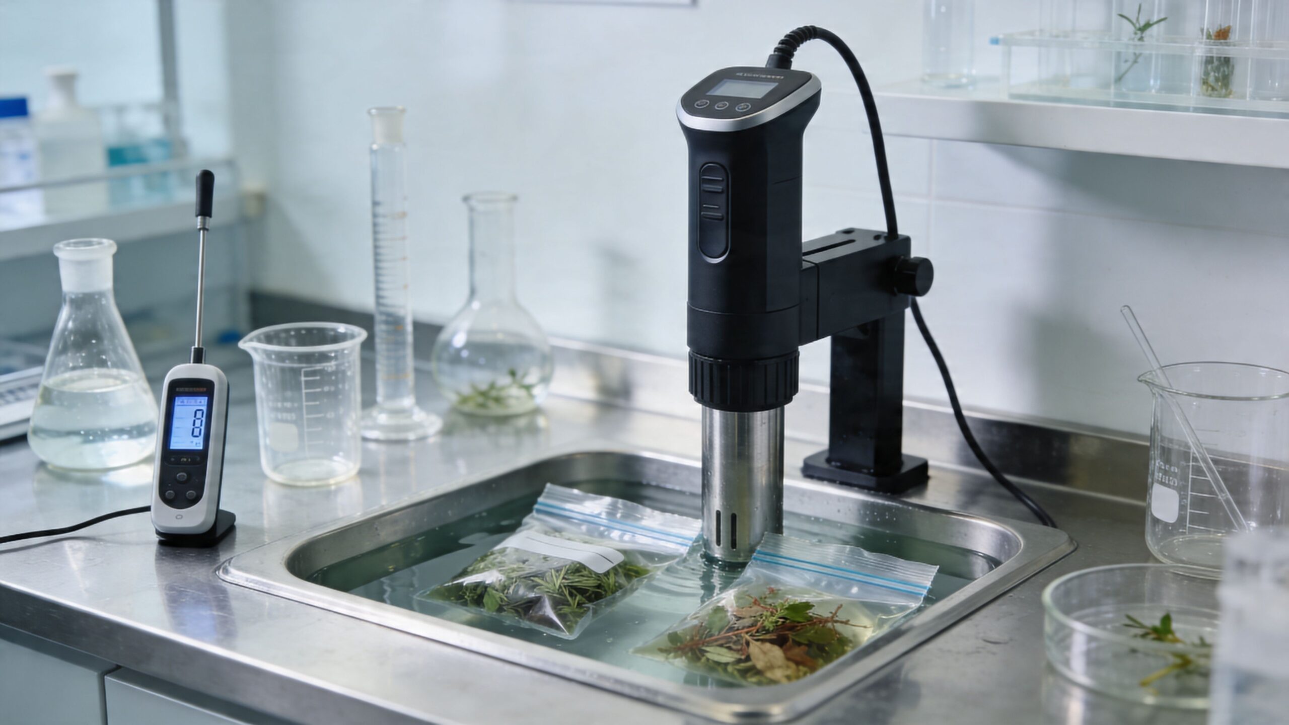 A professional sous vide immersion circulator warming herbs inside plastic bags in a laboratory sink setup.