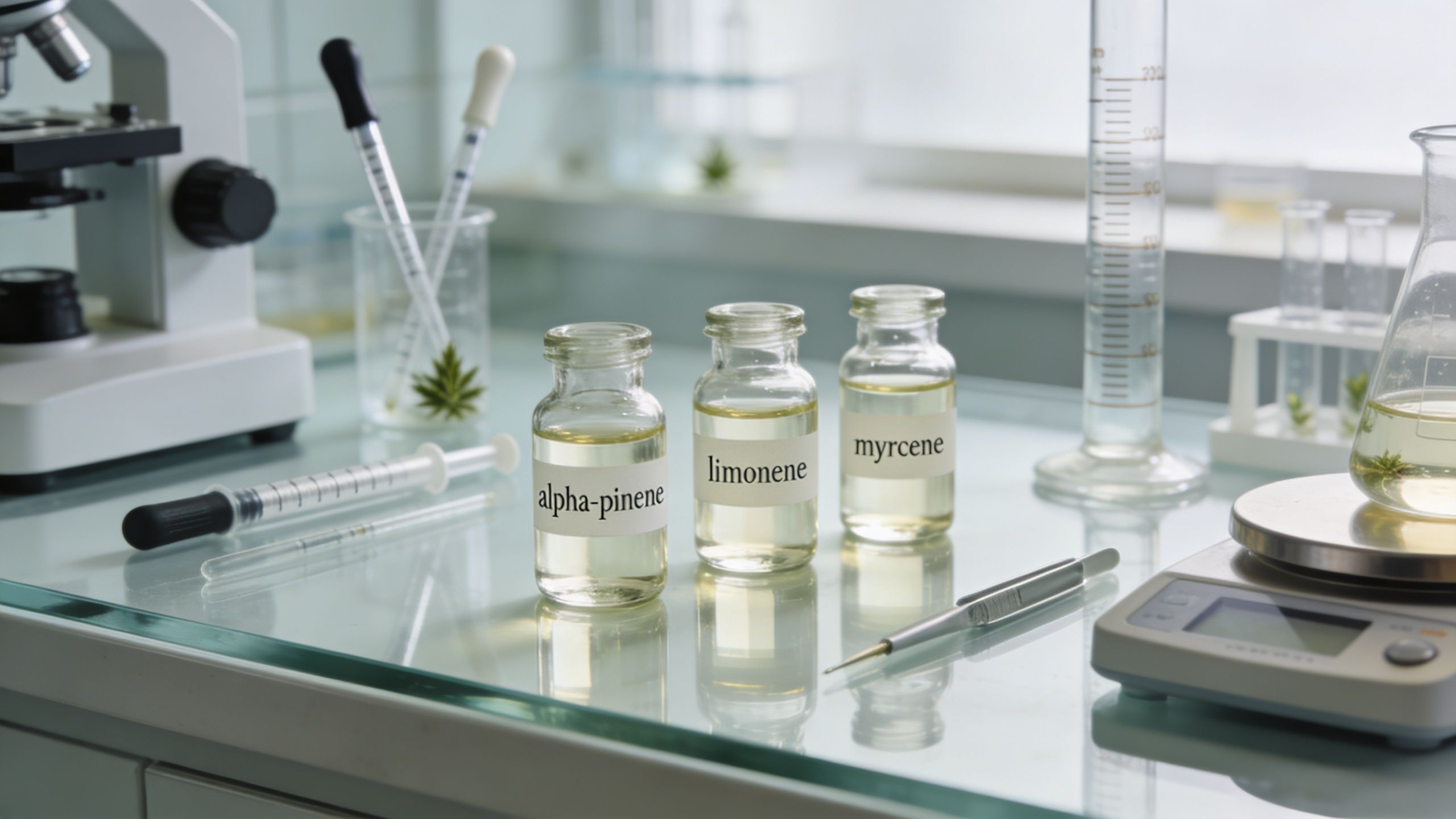 Glass vials containing terpene oils labeled alpha-pinene, limonene, and myrcene on a laboratory workbench.