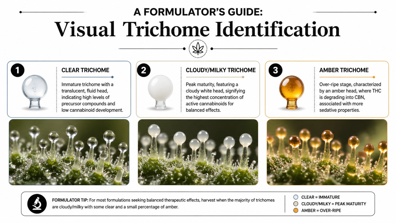 An educational guide illustrating the visual stages of cannabis trichome maturity from clear to cloudy and amber.