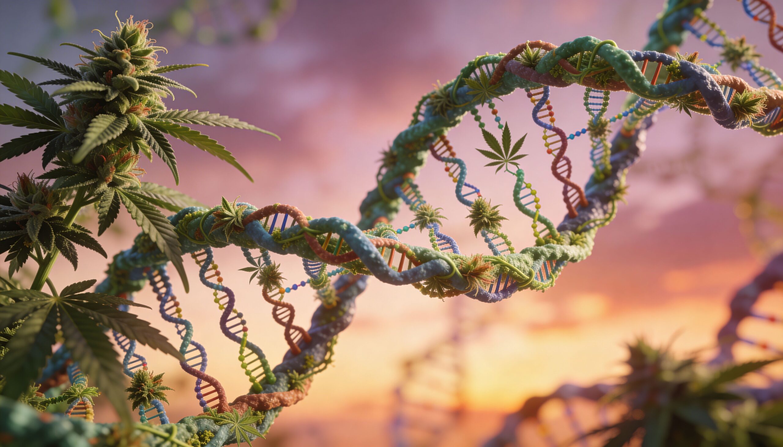 A conceptual 3D artistic representation of cannabis DNA strands floating against a vibrant orange sunset sky.