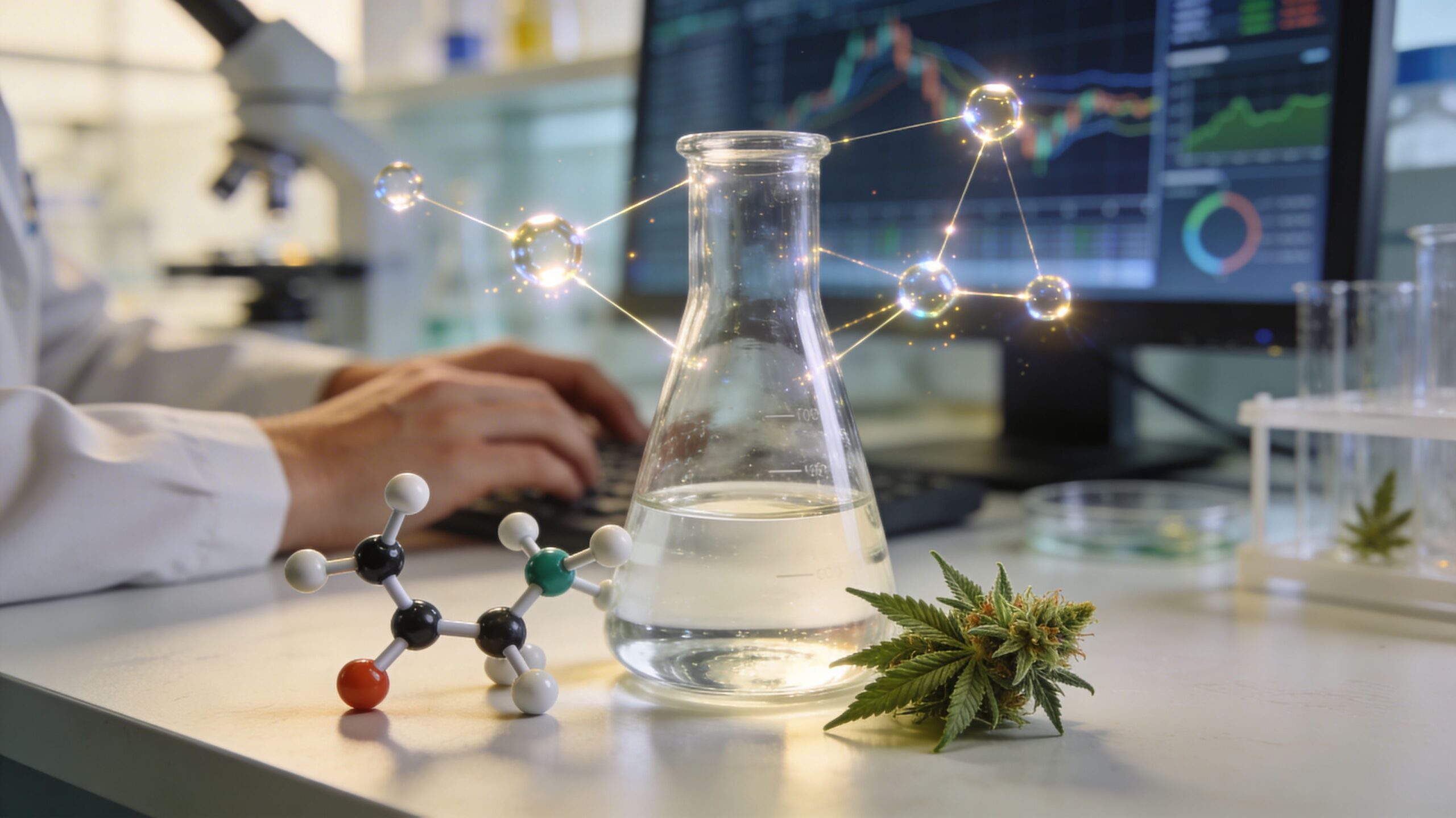 A scientist analyzing cannabis flower research with a chemical model and digital data on a laboratory desk.