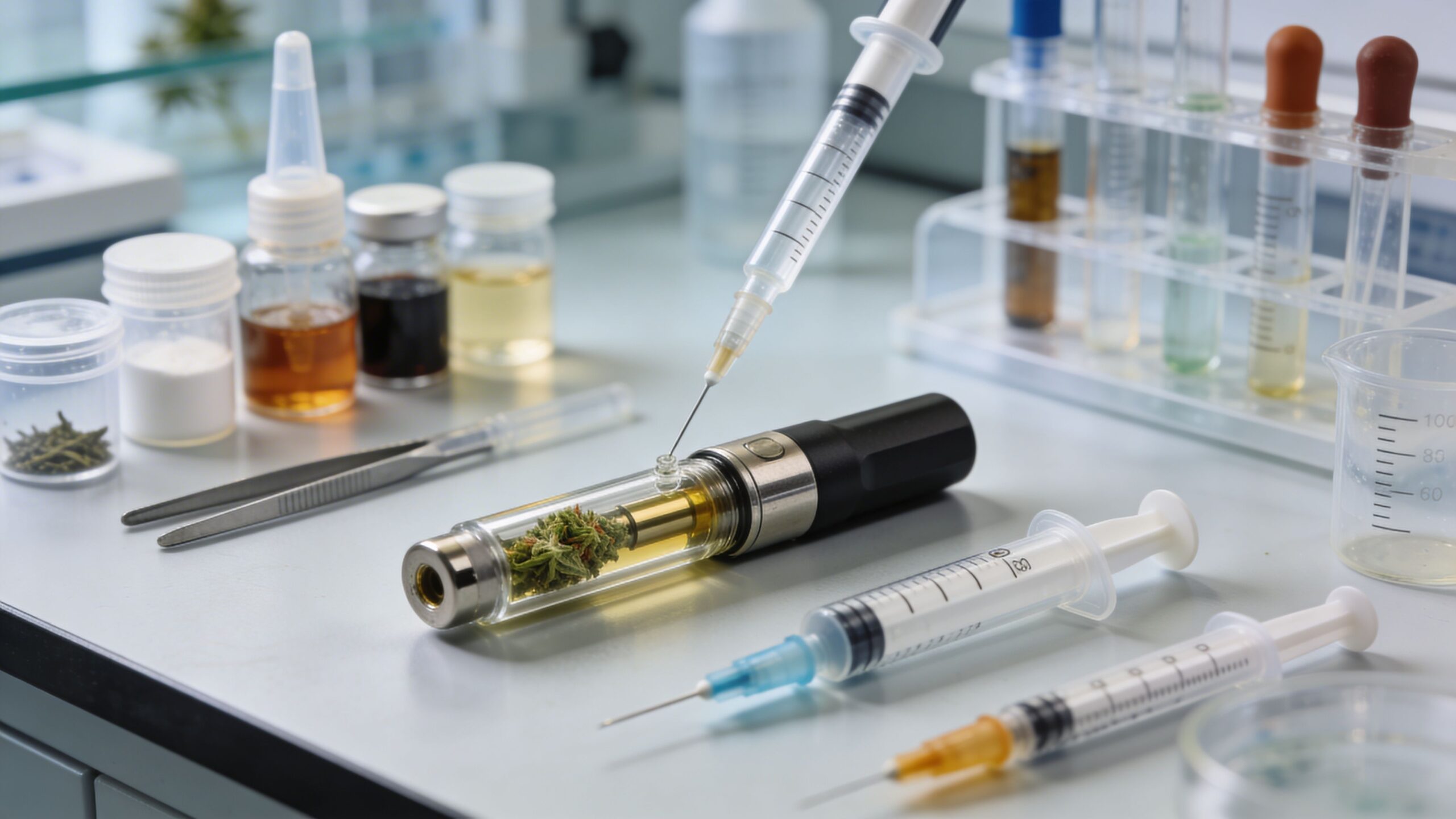 A laboratory setting with cannabis bud in a vape cartridge being filled by a medical syringe.
