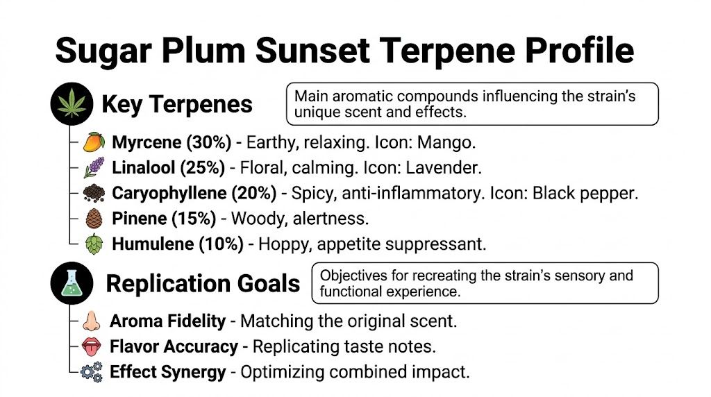 A detailed infographic titled Sugar Plum Sunset Terpene Profile showing key terpenes and replication goals for cannabis.