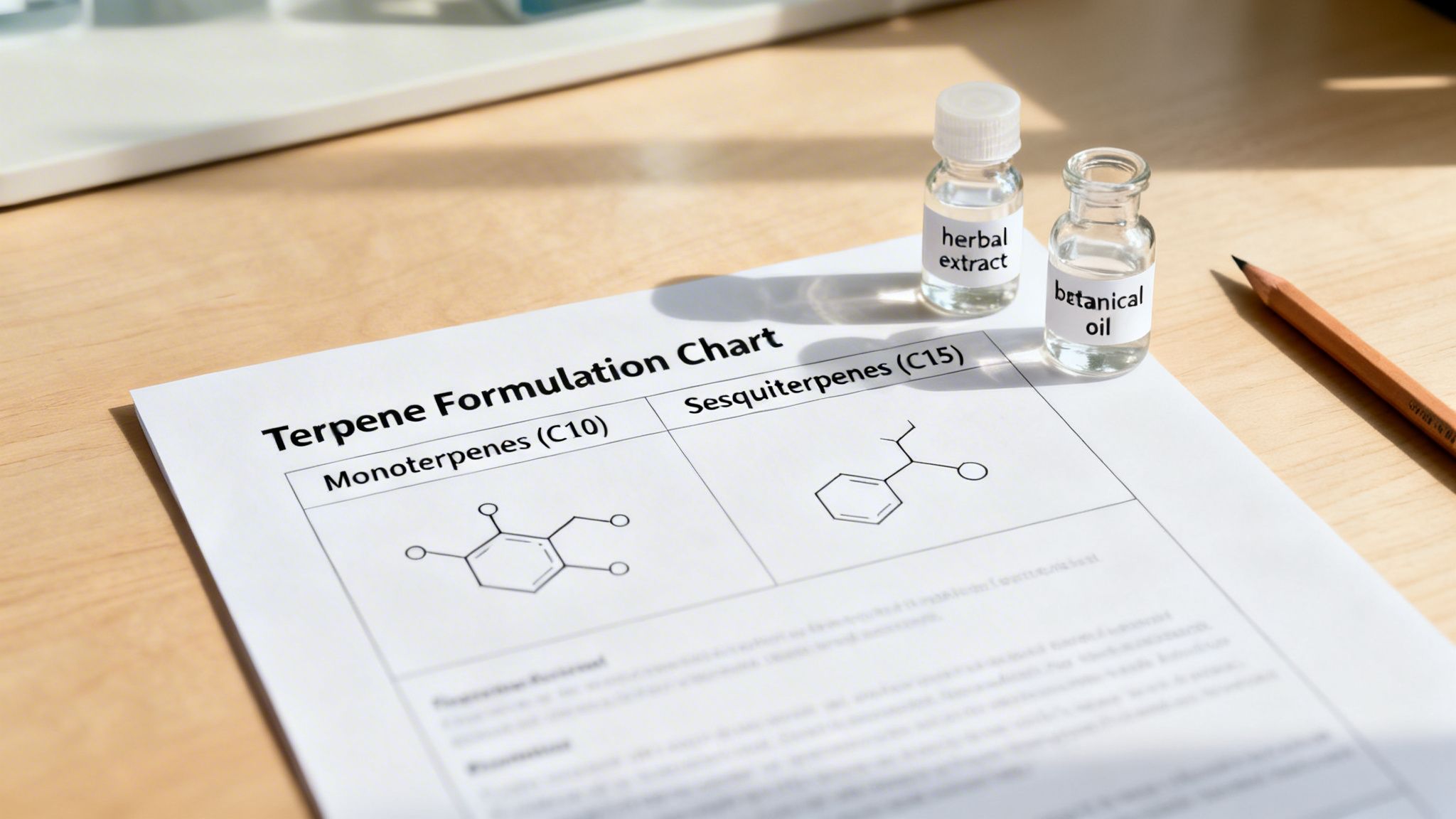 A 'Terpene Formulation Chart' on a wooden desk with chemical structures, herbal extract, and botanical oil bottles.
