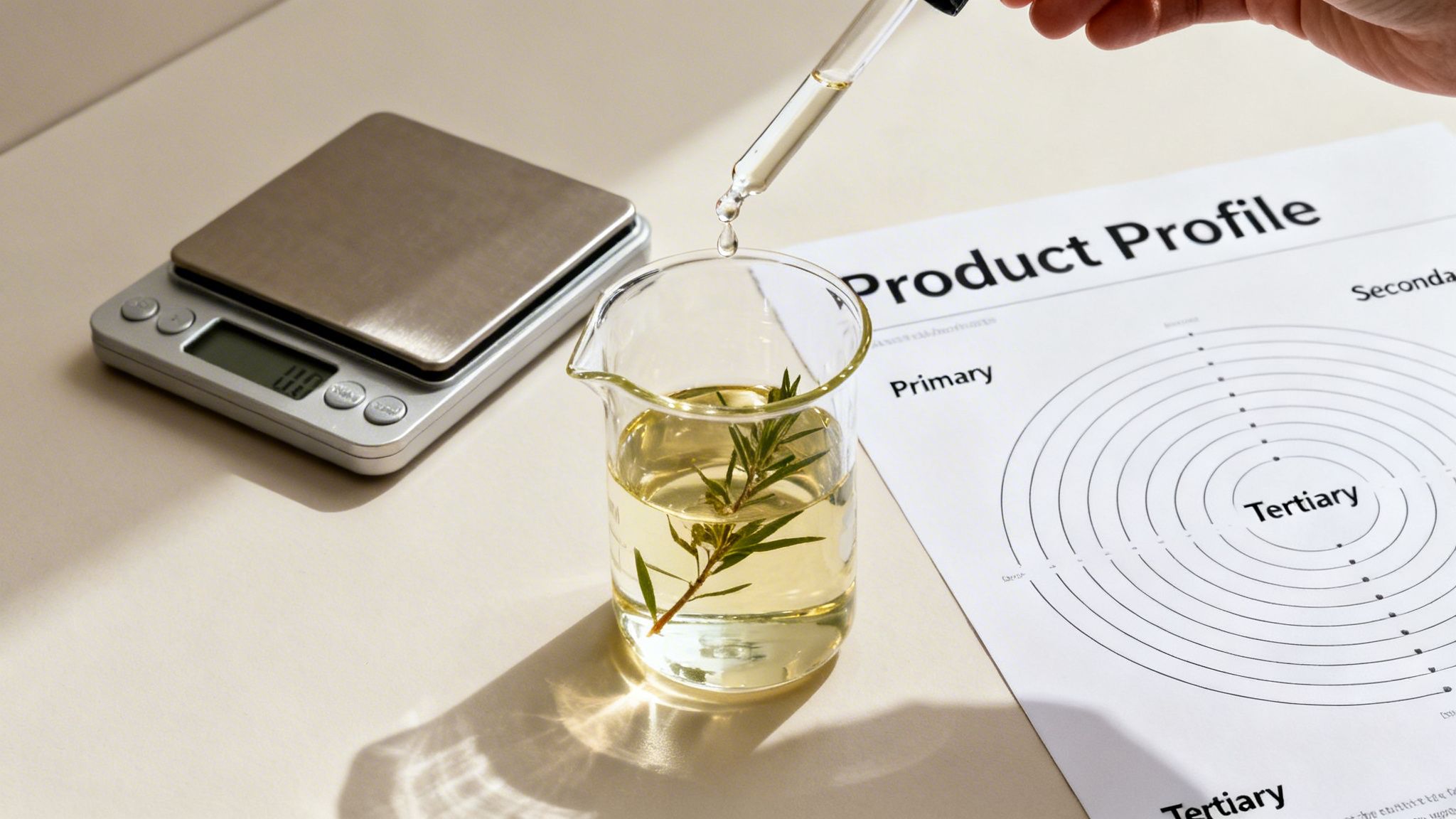 Hand adding liquid from a dropper to a beaker with rosemary, next to a digital scale and a product profile chart.