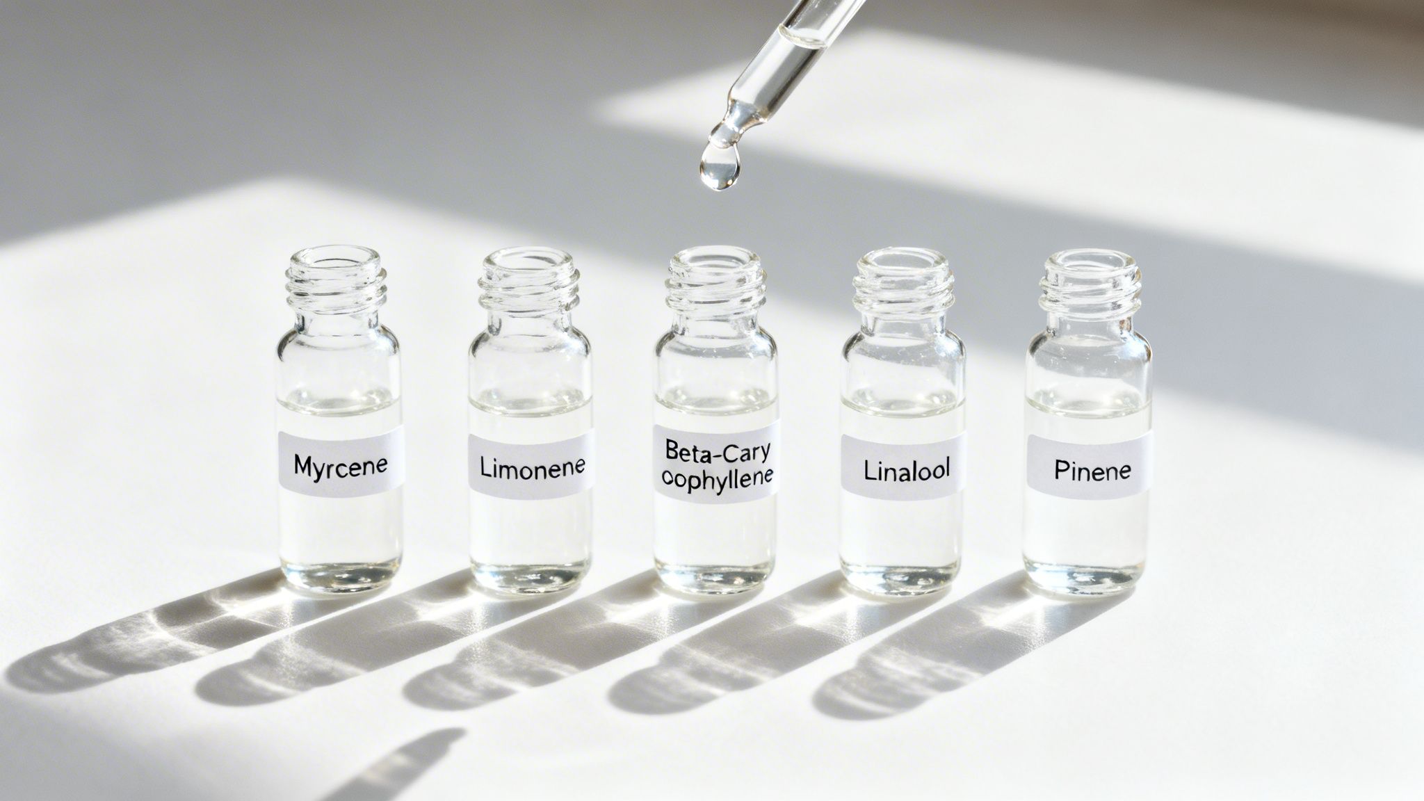 Five labeled vials of terpenes: Myrcene, Limonene, Beta-Caryophyllene, Linalool, Pinene, with a dropper adding liquid.