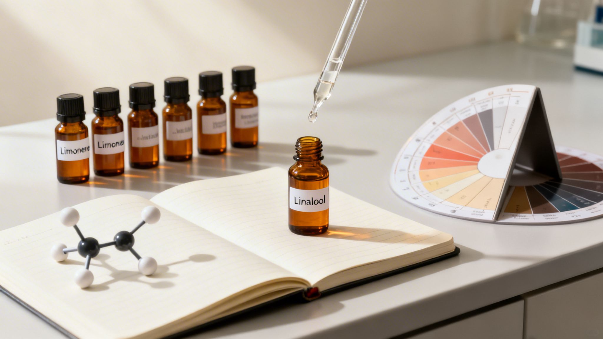 Amber bottles labeled Limonene and Linalool, a molecular model, and a color chart in a lab setting.