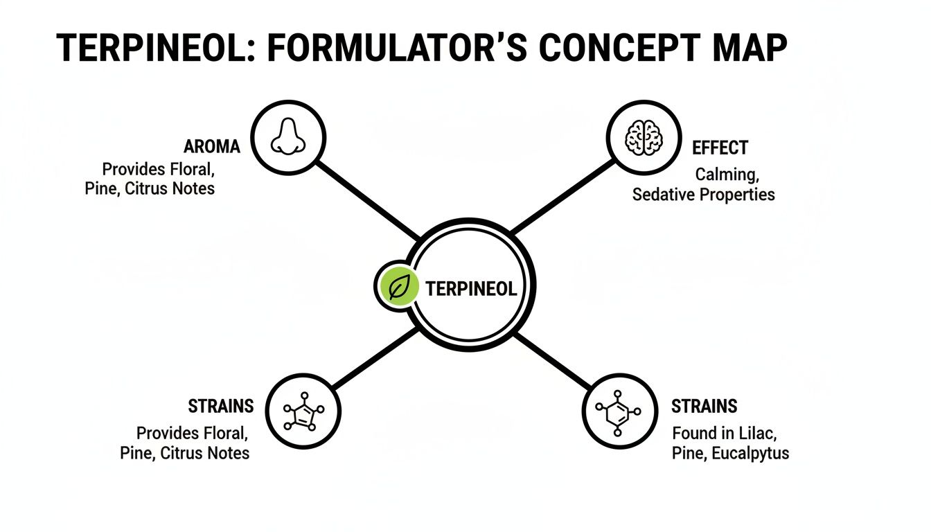 Concept map illustrating terpineol's aroma (floral, pine, citrus), effects (calming, sedative), and plant sources.