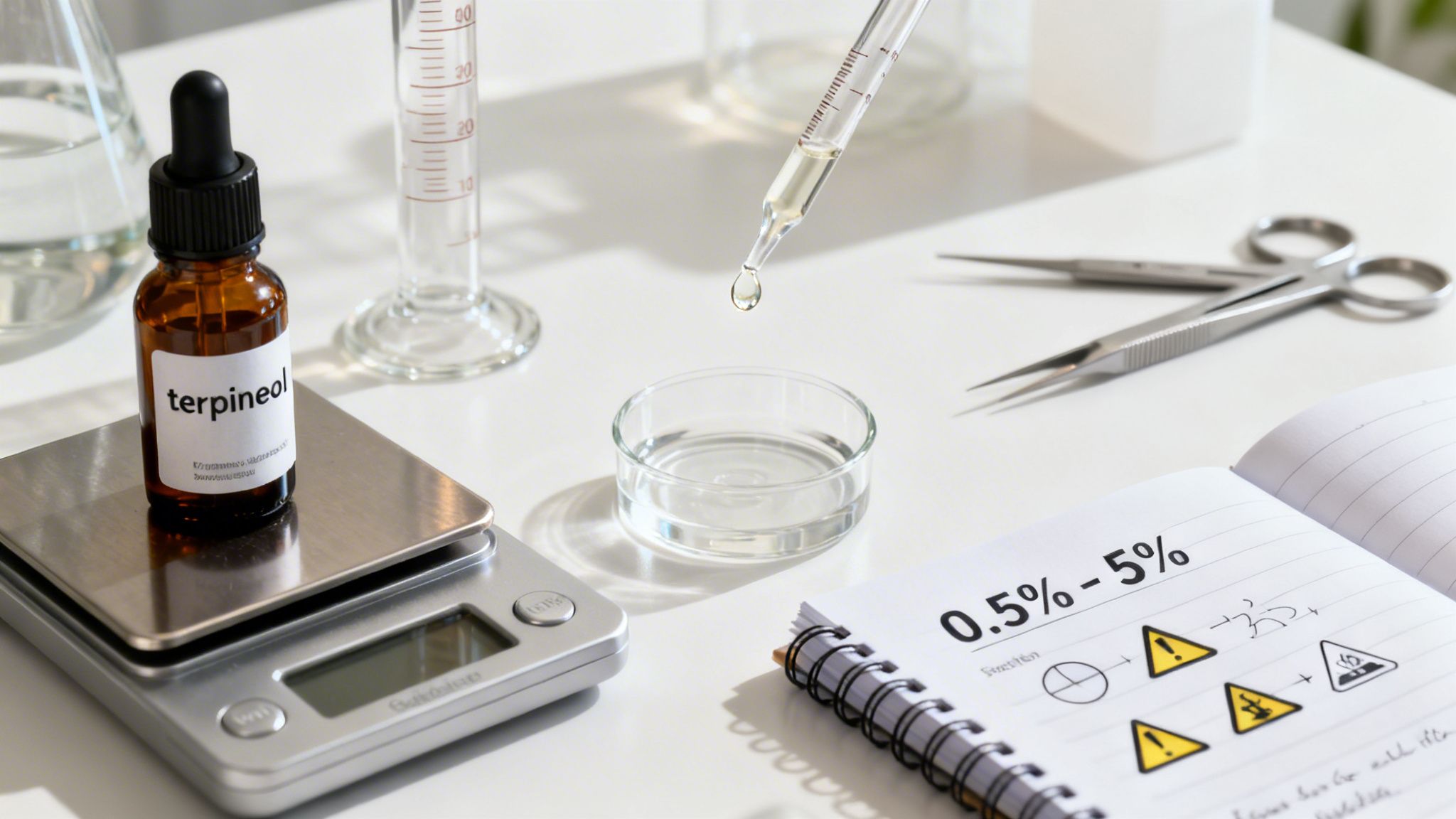 Laboratory workspace showing a terpineol bottle on a scale, a pipette dropping liquid, and a scientific notebook.
