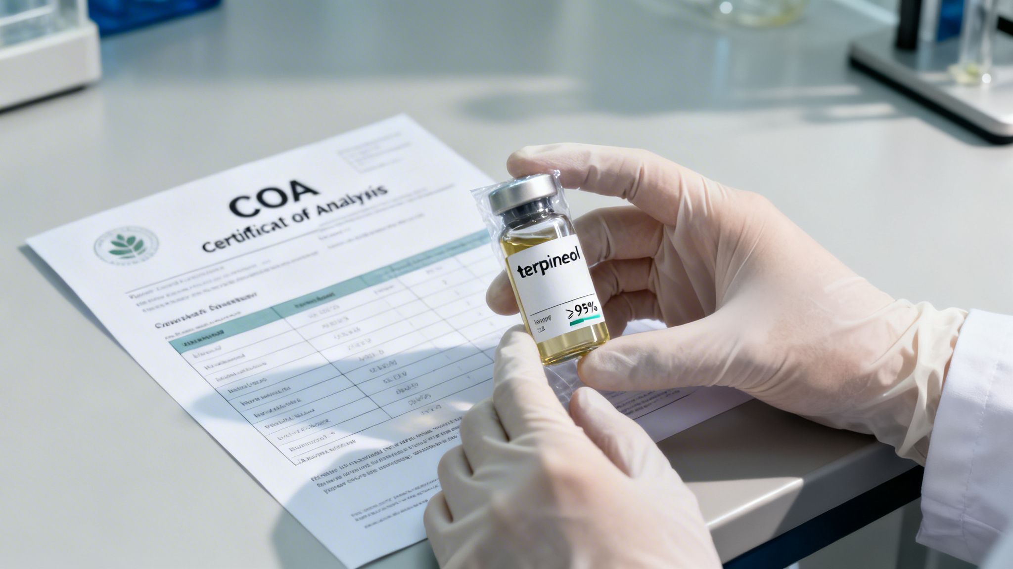 A gloved hand holds a terpineol vial with >95% purity next to a Certificate of Analysis.