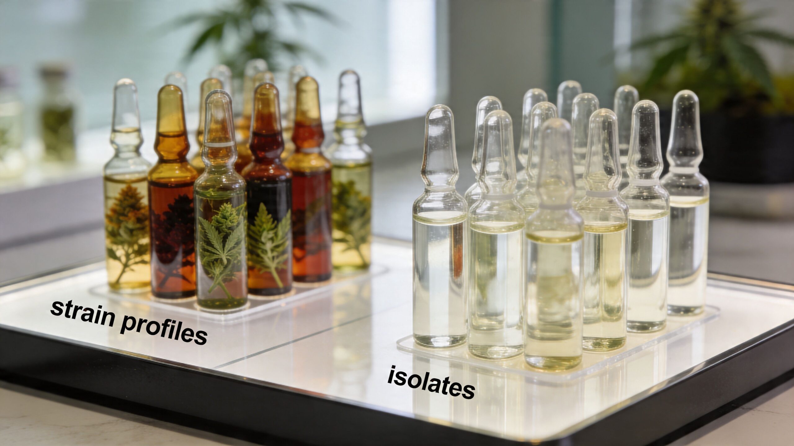 A laboratory display featuring two collections of glass ampoules containing botanical oils and cannabis-derived terpene samples.